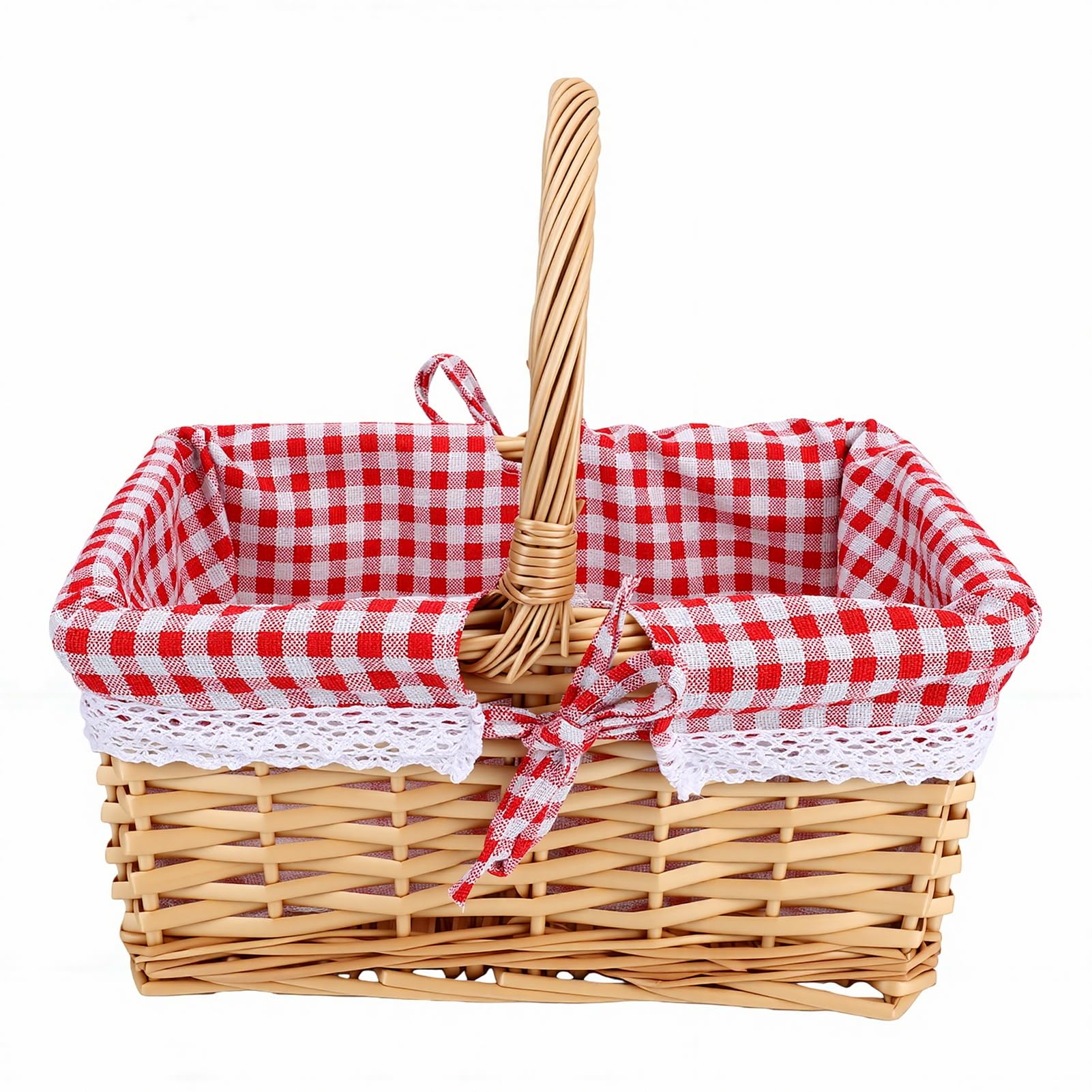 Panier de pique-nique en osier tressé main de forme carrée avec finitions en tissu rouge