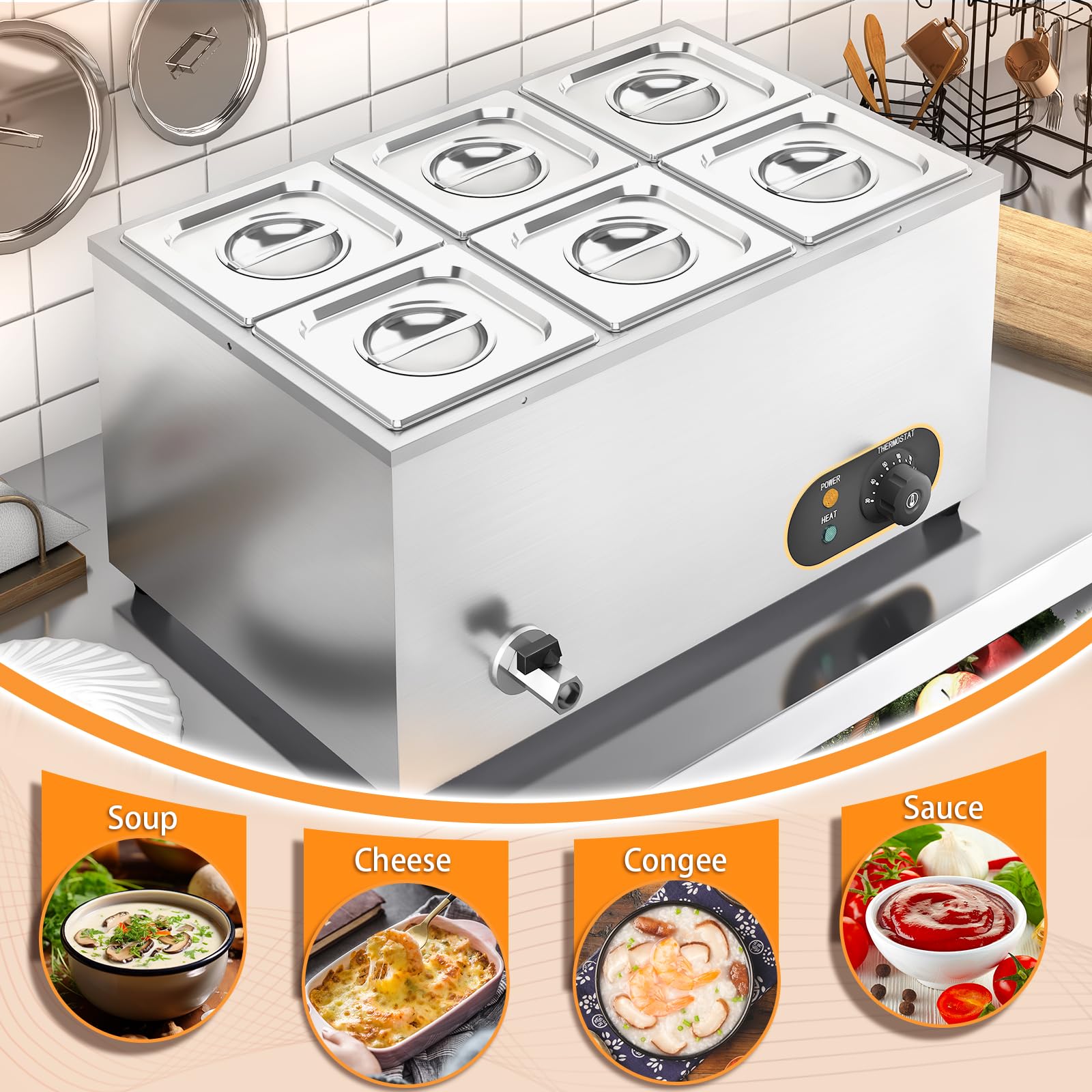 Bain Marie - Scaldavivande elettrico per bagnomaria, contenitori GN, 1/6 x 6 | Gastro scaldavivande in acciaio inox con rubinetto di scarico, scaldavivande elettrico per buffet, 6 contenitori