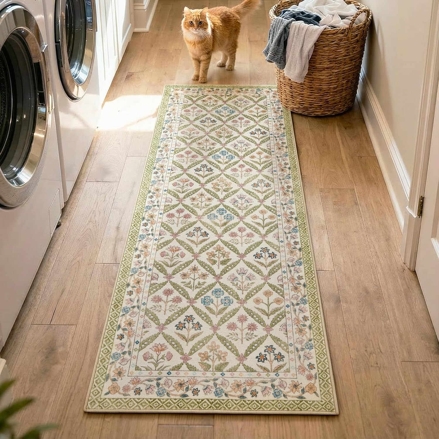 jinchan Haden Runner Rug 2x6 Vintage Floral Washable Hallway Rug for Entrance Kitchen Soft Non-Slip Low Pile Bedside Laundry Room Cottage Warm Indoor Decor Sage Green