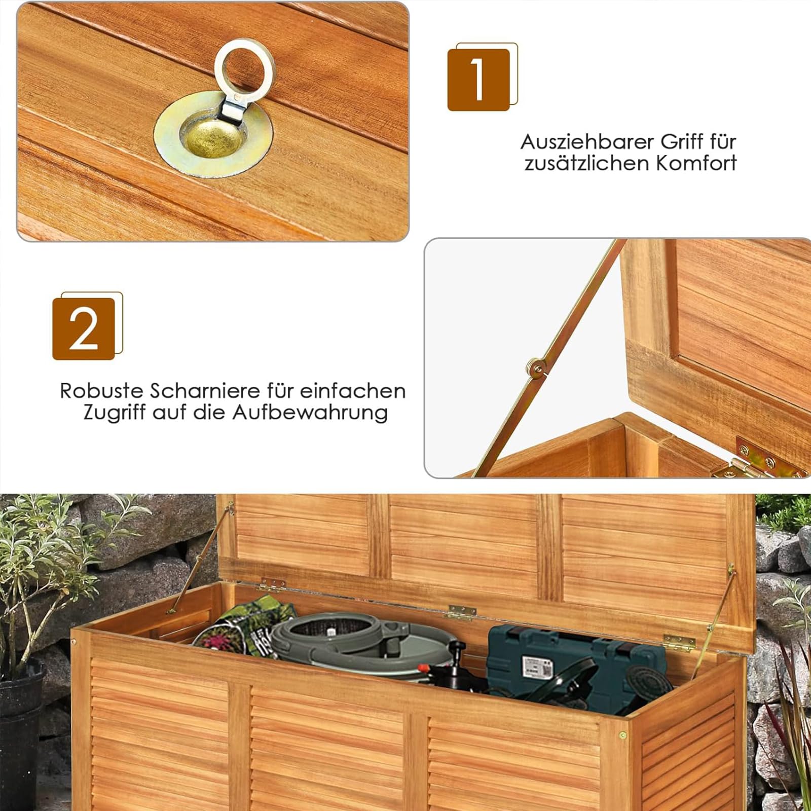 GOPLUS Gartenbox Auflagenbox 178 L, Aufbewahrungsbox Garten mit Stauraum, Kissenbox Akazienholz, Holztruhe mit Deckel groß, Gartentruhe Gartenbank Kissentruhe Outdoor Box für Terrasse, Veranda, Balkon