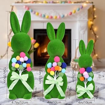 BrilliantJo Figurines Spring Decor Gift for Women Decoration Moss Bunny Large Rabbit Kit Holding Balloons Flowers Set of 3(15,13,10) Green Desk Mother's Day Holiday Birthday for Home Office Garden