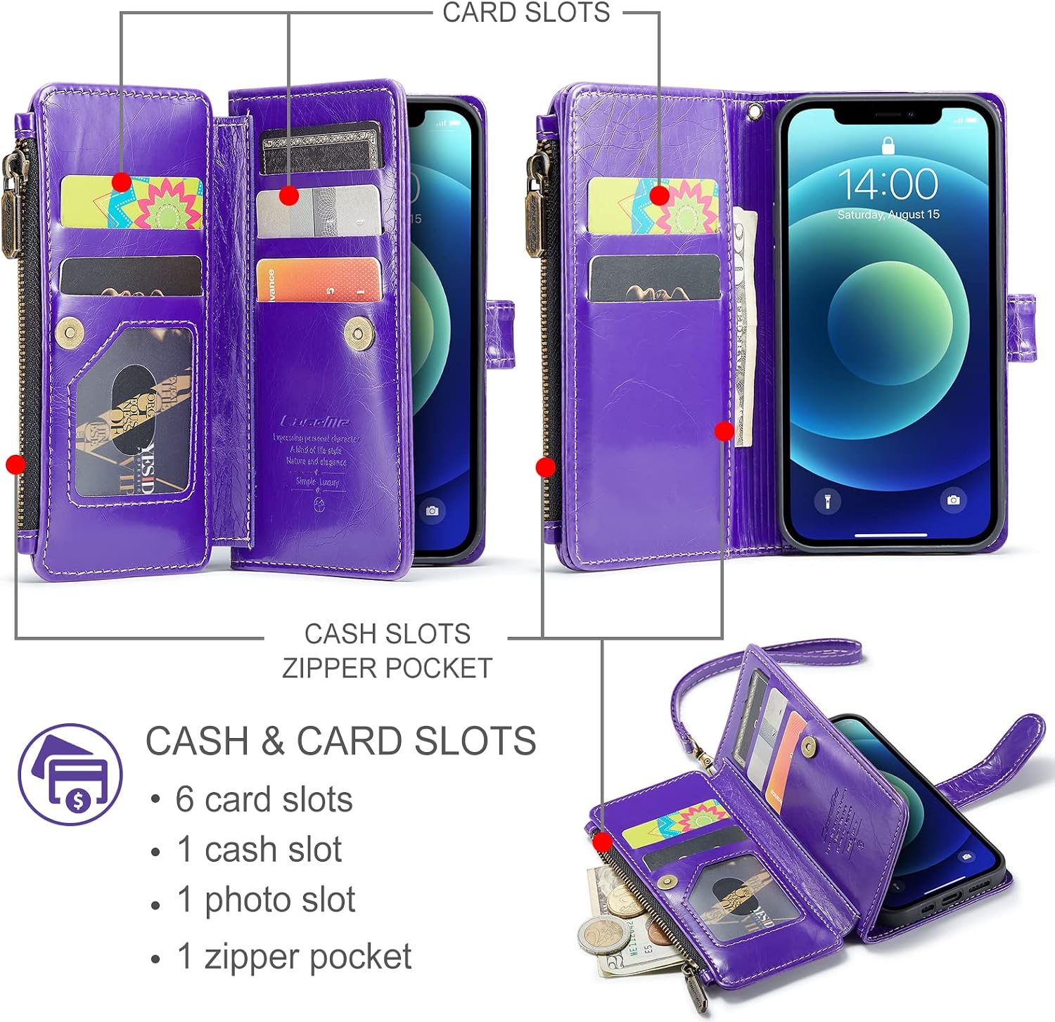 CaseMe Wallet Case for iPhone 12 and iPhone 12 Pro(6.1") Flip Case,Compatible with MagSafe Charger,Suede PU Leather Zipper Folio Case with Magnetic Closure and Card Holder(Luxury Purple)
