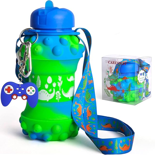 CARESWAY Kids Water Bottle with Keyring 500ml Boys & Girls Dinosaur Kids Drinks Bottle - Foldable Collapsible BPA Free Childrens Water Bottle - Kids Water Bottles for School