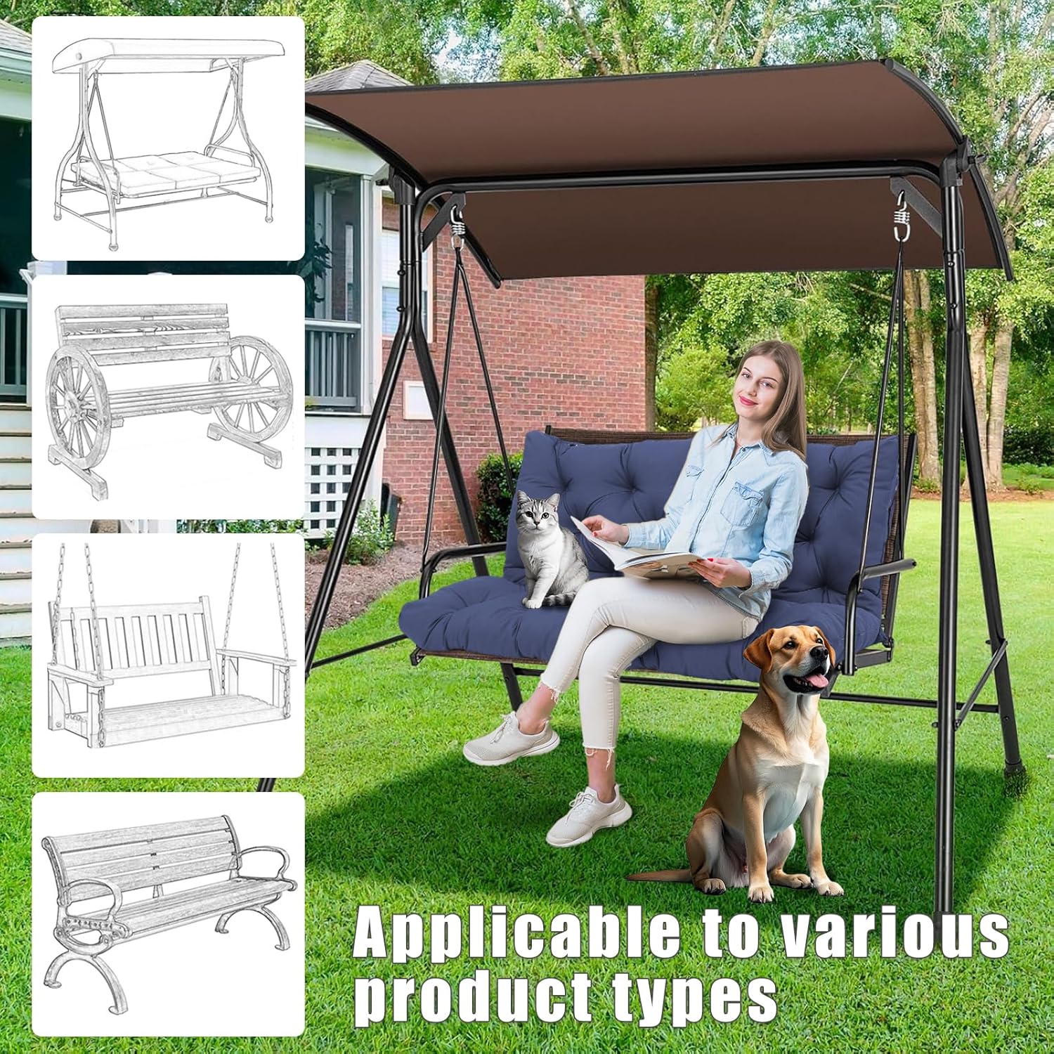 Porch Swing Replacement Cushions with Backrest 60 inch x 40 Thicken 5" Outdoor Waterproof Bench Cushions with Ties 2-3 Seat Outside Furniture Chair Pads for Patio Garden Backyard