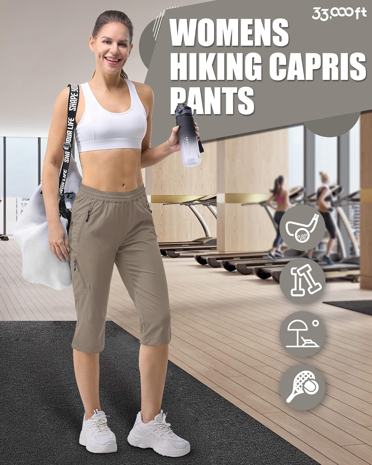 33,000ft Women's Golf Capri Pants with Pockets Hiking Joggers Casual Quick Dry UPF 50+ Lightweight Stretch Cargo