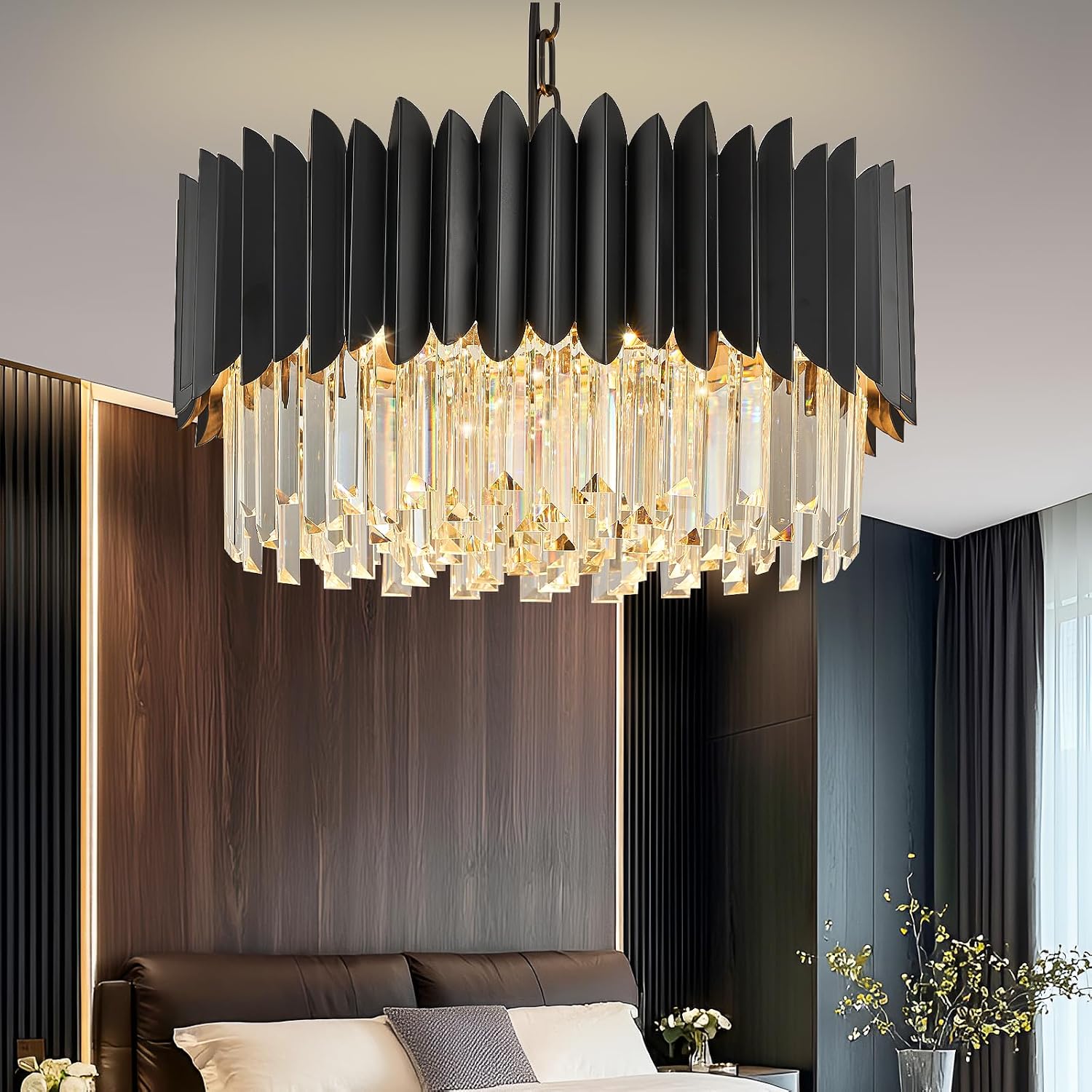 24" Gold Crystal Chandeliers for Dining Room Contemporary Round Ceiling Pendant Light Fixtures 5-Tier 8 Lights K9 Crystal Large Flush Mount Chandelier for Foyer Living Room Staircase