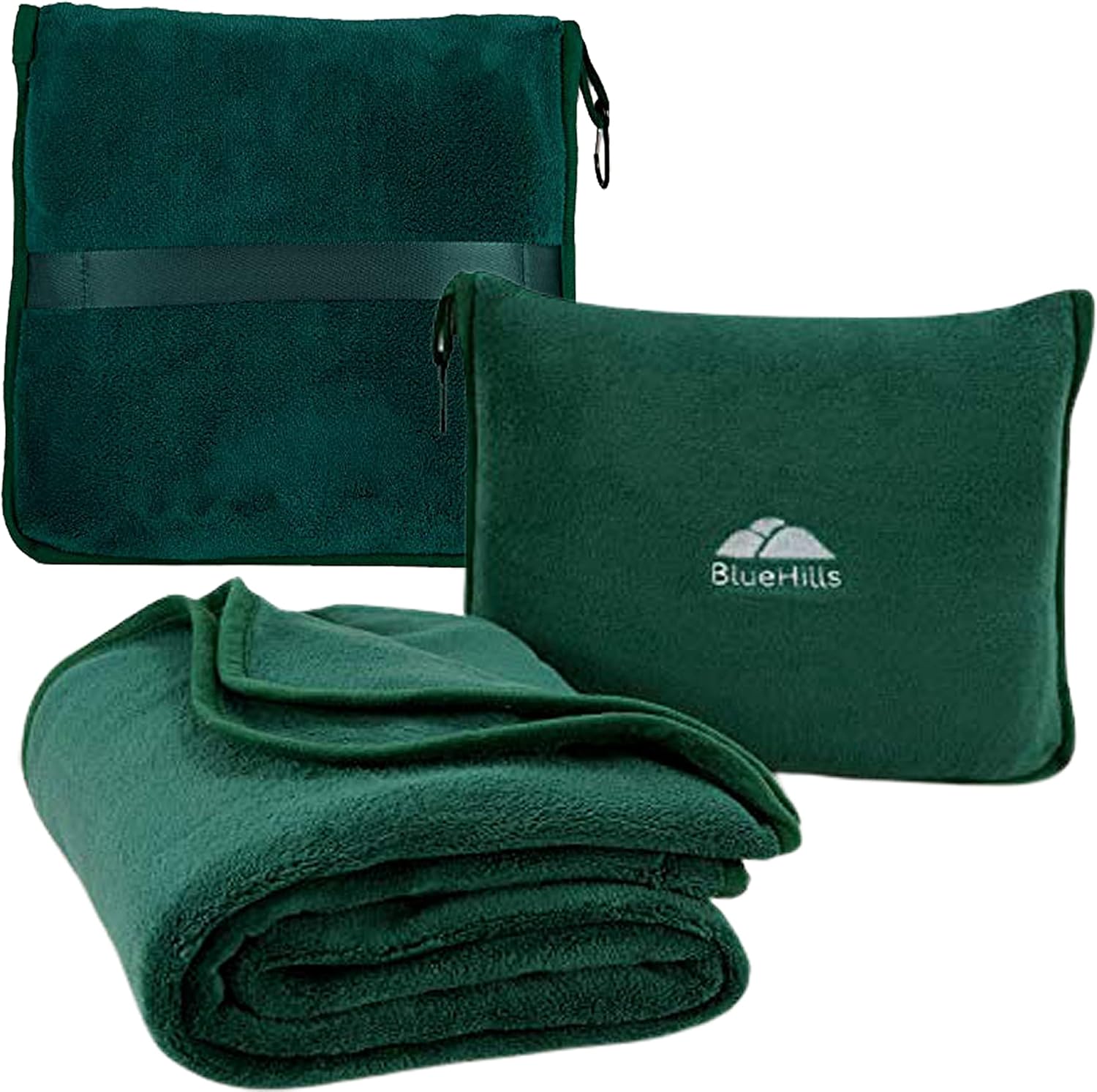 BlueHills Premium Soft Travel Blanket Pillow Airplane Flight Blanket Throw in Soft Bag Pillowcase Compact Pack Large Comfort for Travel Green (Dark Green T010)