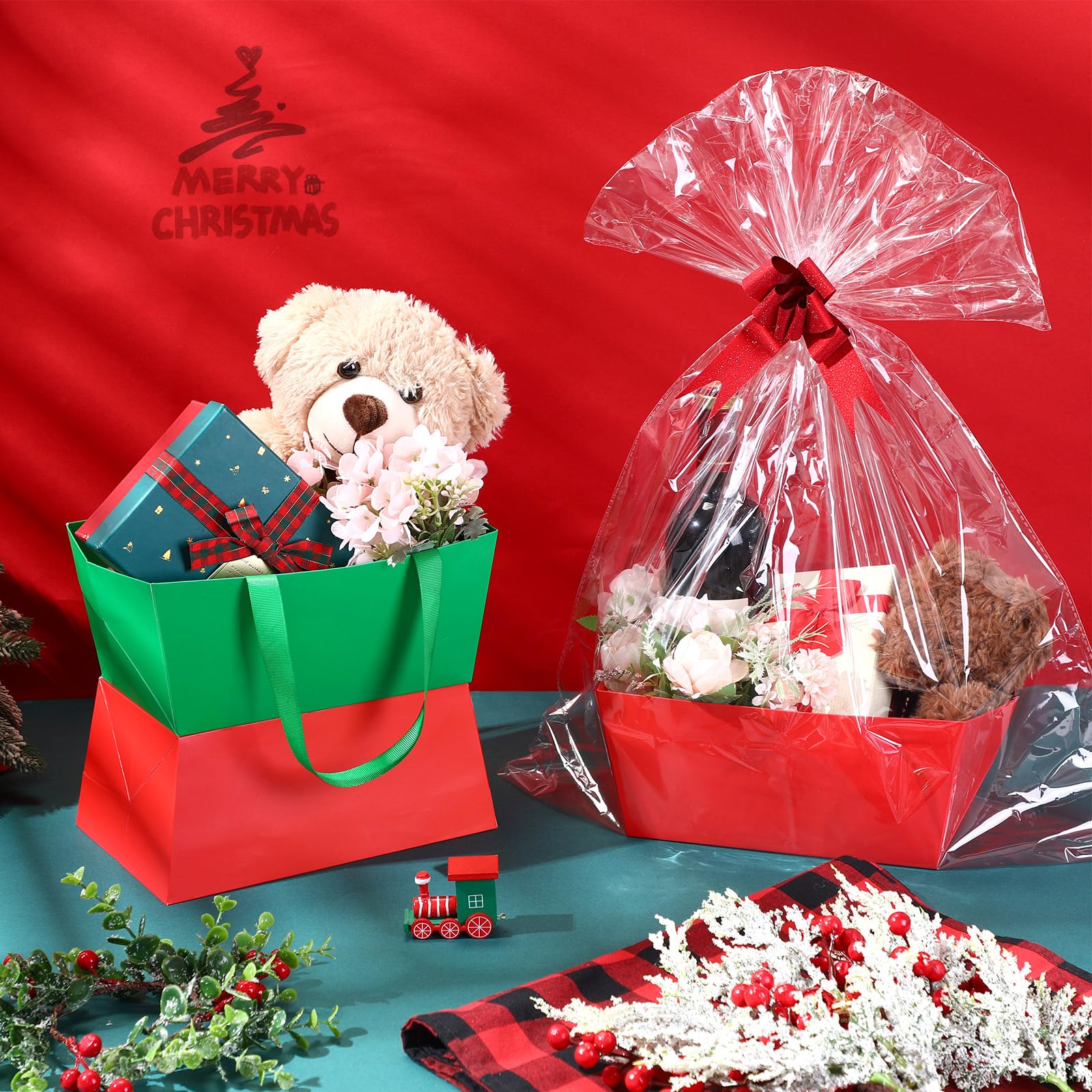 24 Pcs Christmas Baskets for Gifts - Empty Basket Kit With 24 Plastic Bags and 24 Pull Bows - DIY Gift Packages 9.8 x 6.5 x 4.3 Inch Cardboard Basket for Xmas Birthday (Red Green, Solid Style)