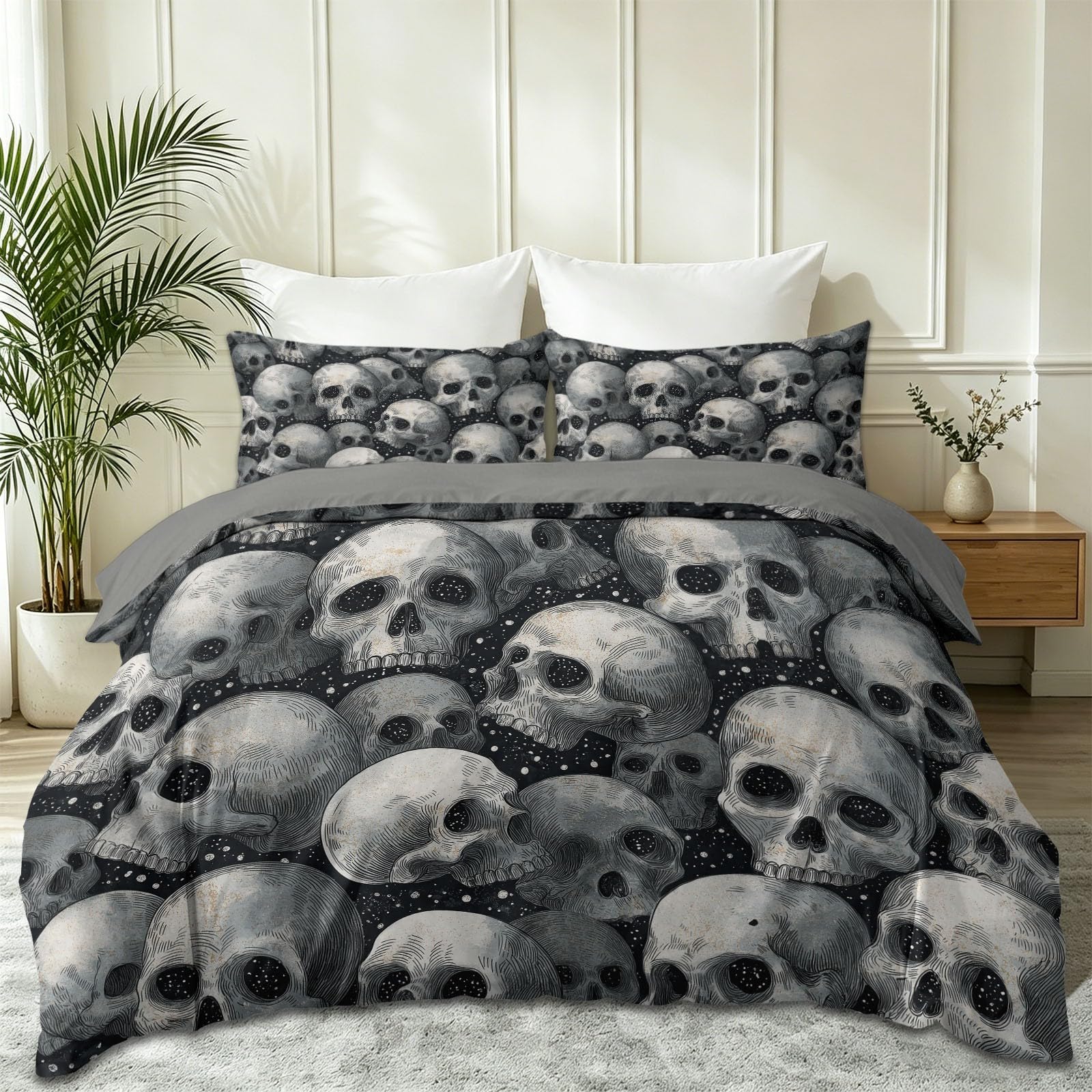 Miękki, lekki zestaw pościeli z mikrofibry, ciemny, tajemniczy, czarna poszewka na kołdrę z motywem czaszki na Halloween, 230 x 220 cm, na wszystkie pory roku, nie wymaga prasowania, z 2 poszewkami na