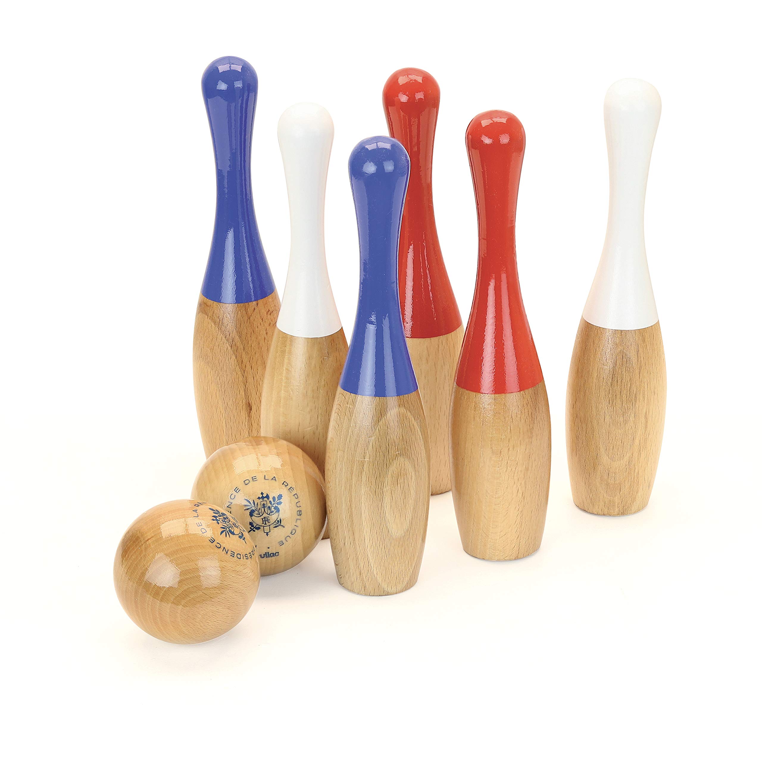 Vilac - Jeu de quilles Elysée - Jeu d'adresse - Activité familiale - Quilles en Bois de Hêtre - Jeu de Jardin - Couleurs France - 100% Made in France - Pochon de Rangement