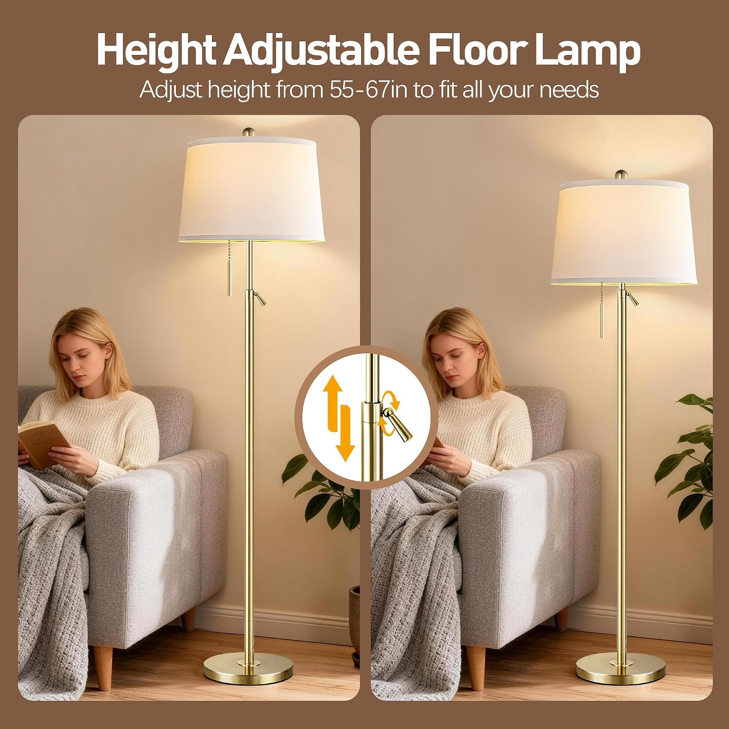 Gold Floor Lamp for Living Room, Modern Standing Lamp 55-67" Height Adjustable Brass Tall Floor Lamp with Pull Chain Switch and 3 CCT LED Blub for Living Room, Bedroom, Office & Corner Reading