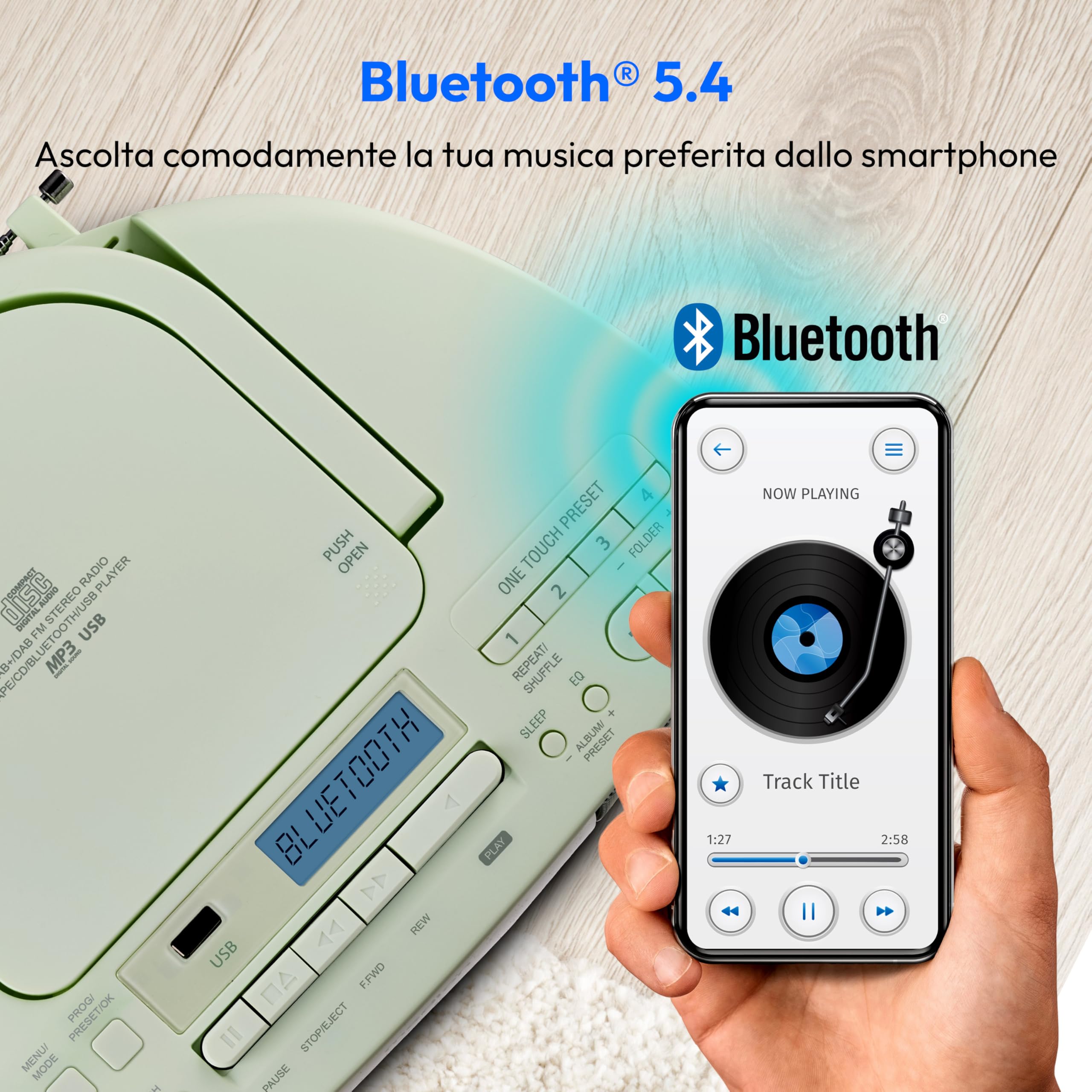 MEDION DRX-1 Plus Boombox (radio portatile DAB+ e FM, Bluetooth, lettore CD, MP3, cassetta, uscita cuffie, stereo, AUX, alimentazione rete & batteria) verde