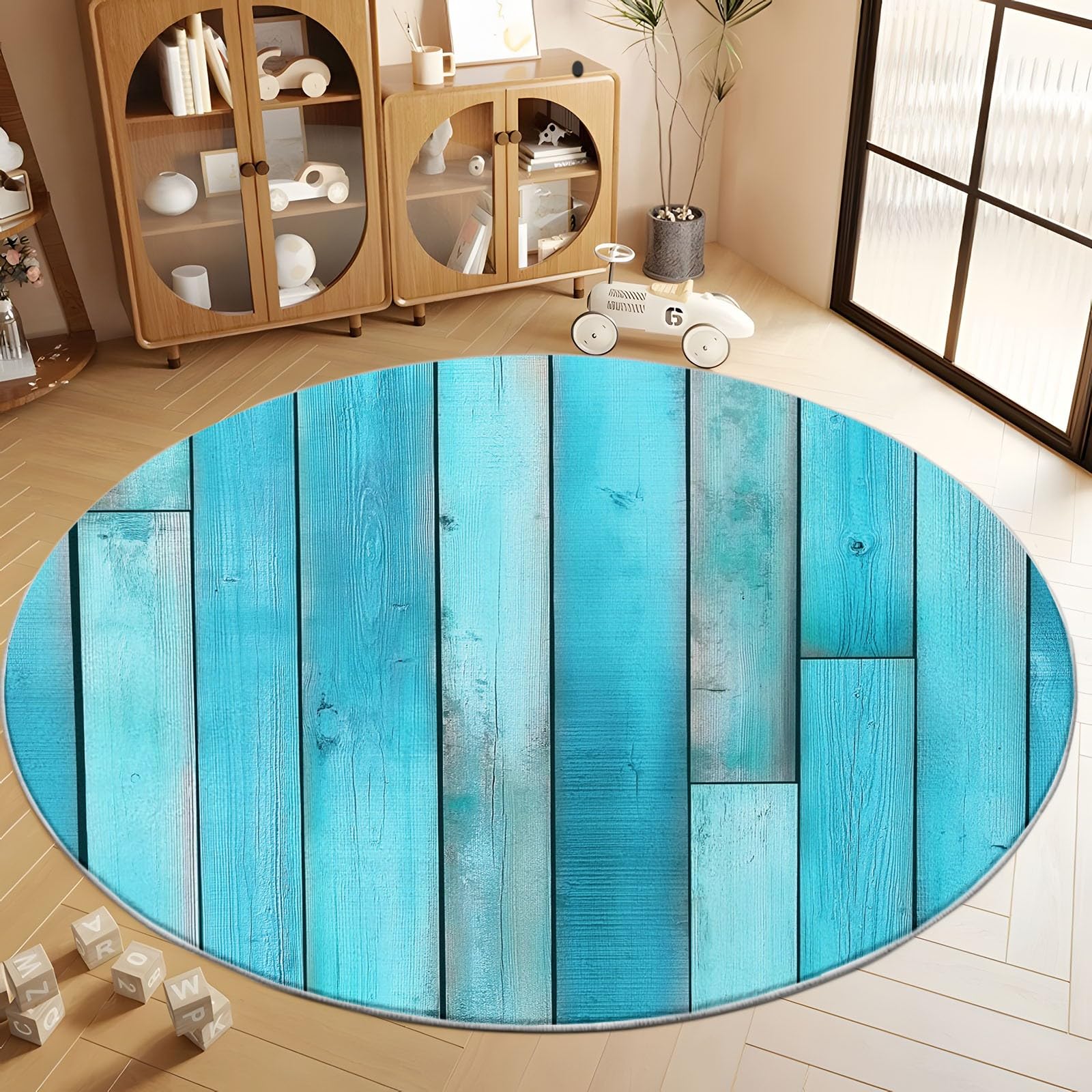 Alfombra redonda de interior azul verde estampada antideslizante y lavable, 180 cm, tabla de madera, estilo campestre, alfombra antideslizante y resistente, alfombra redonda de pelo corto suave para