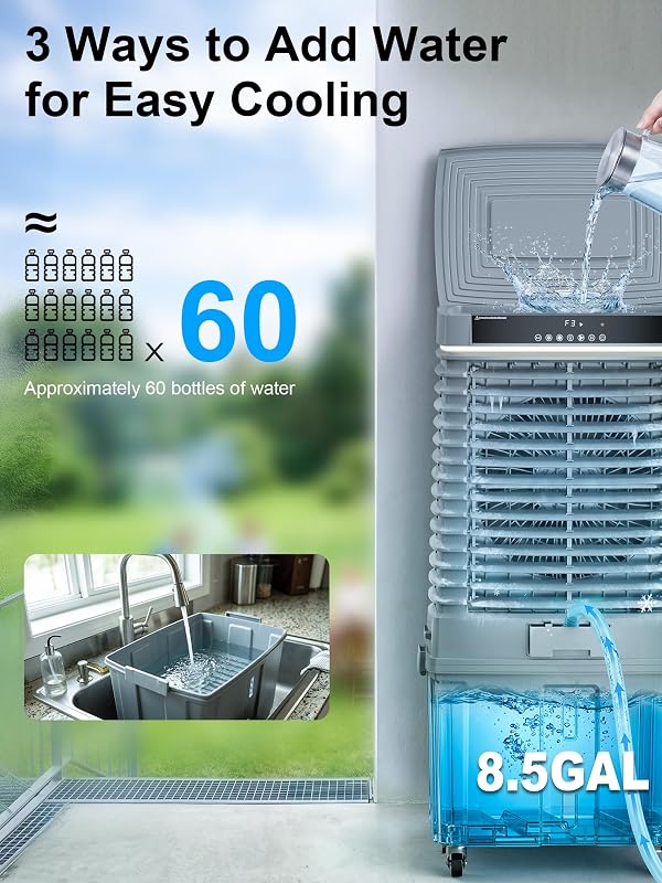 Uthfy 800CFM Swamp Cooler for Large Room, 33”Evaporative Air Cooler with 4Gal Detachable Water Tank, 12H Timer, Ambient Light, 80°Oscillation, Outdoor Air Conditioner for Patio, Garage by Uthfy - Image 7