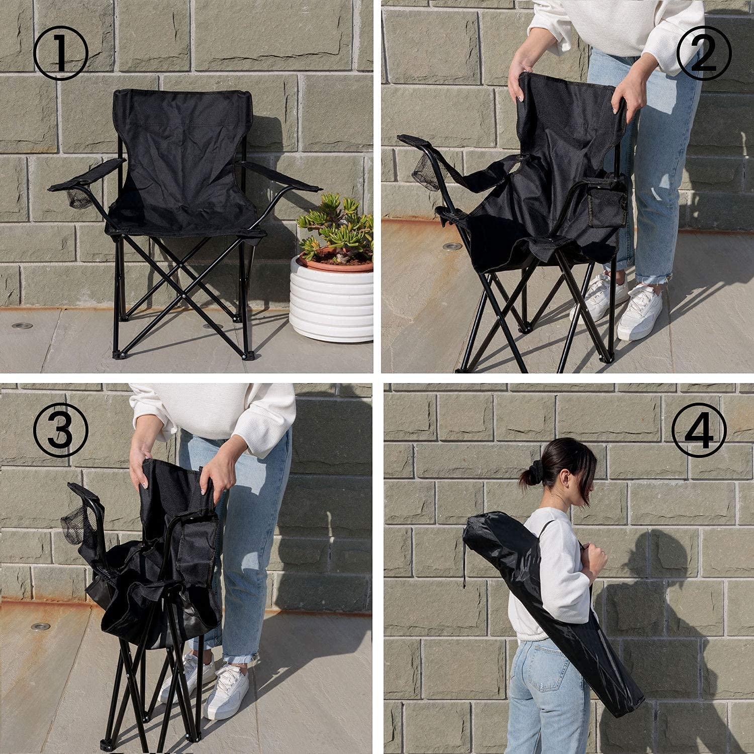 Baroni Home Sedia Campeggio Pieghevole da Esterno Giardino, Poltrona Campeggio Impermeabile, Sedia Camping Portatile, Seduta da Spiaggia e Pesca con Porta bibite 50x50x80 cm, Set 2 Nero