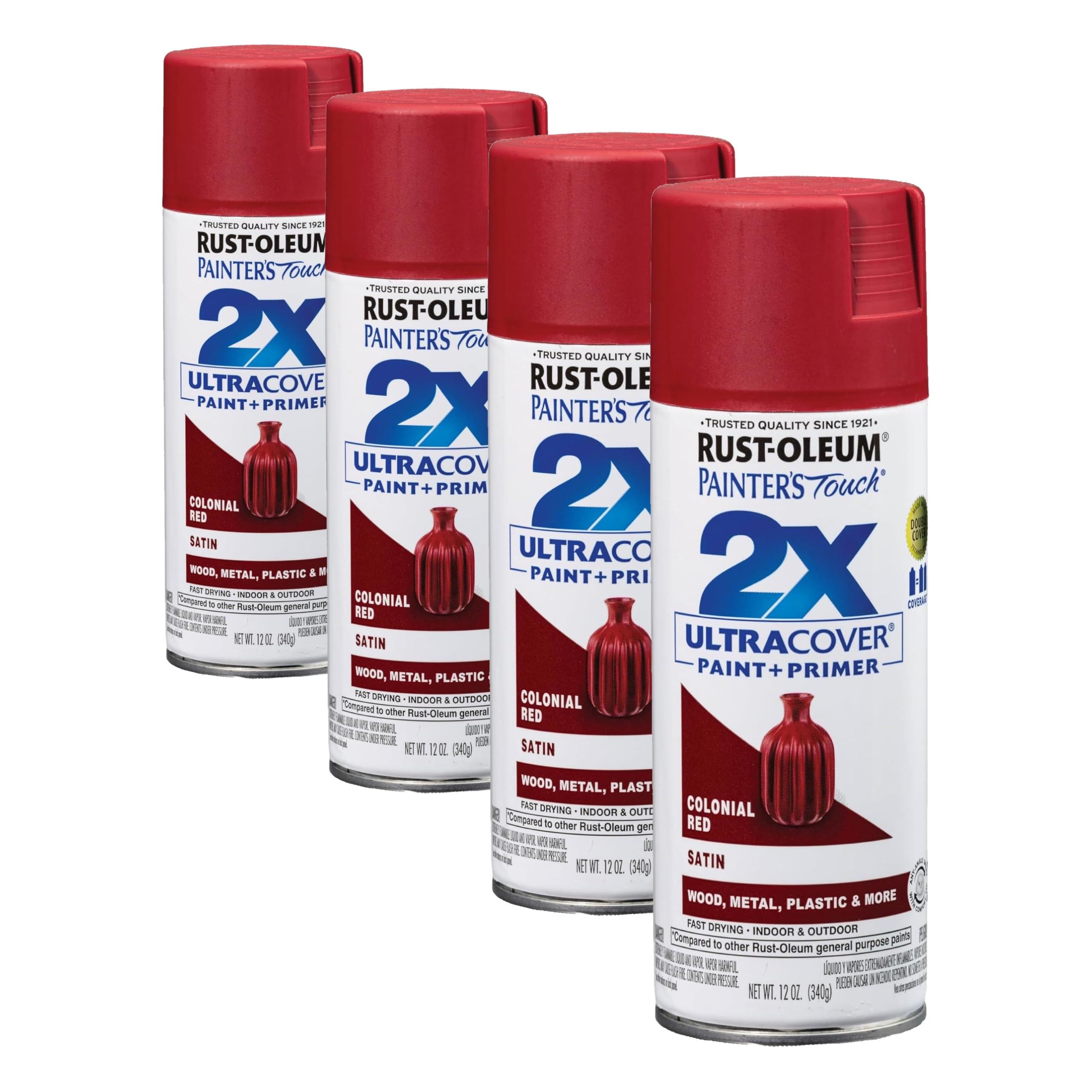 Rust-Oleum 334063 Painter's Touch 2X Ultra Cover Spray Paint, 12 oz, Satin Colonial Red (Pack of 4)