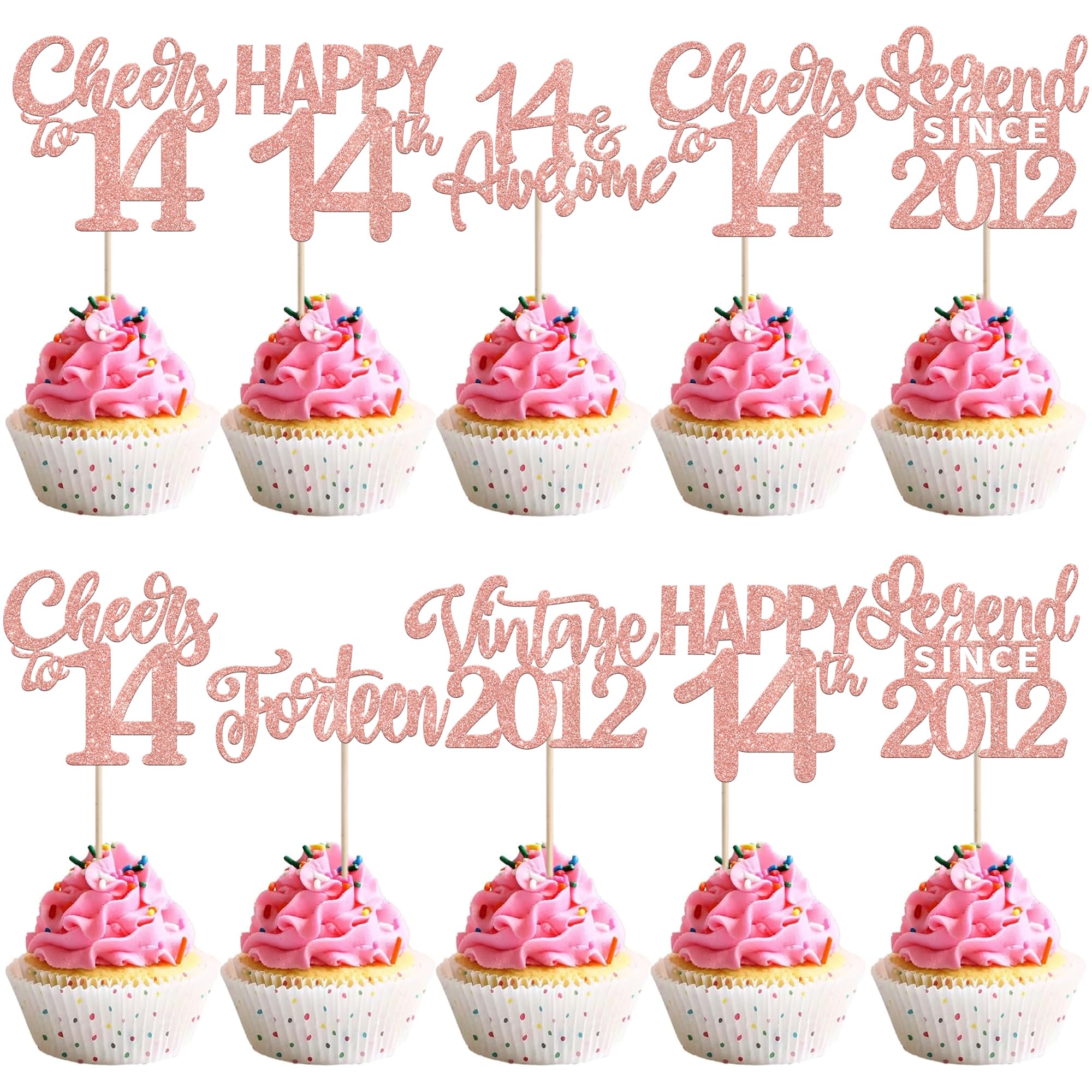 Xsstarmi 24 Pack Legend Since 2012 Cupcake Toppers Glitter Vintage 2012 Cupcake Picks Cheers to 14 Awesome Forteen Cake Decorations for Sweet 14 Happy 14th Birthday Party Supplies Rose Gold