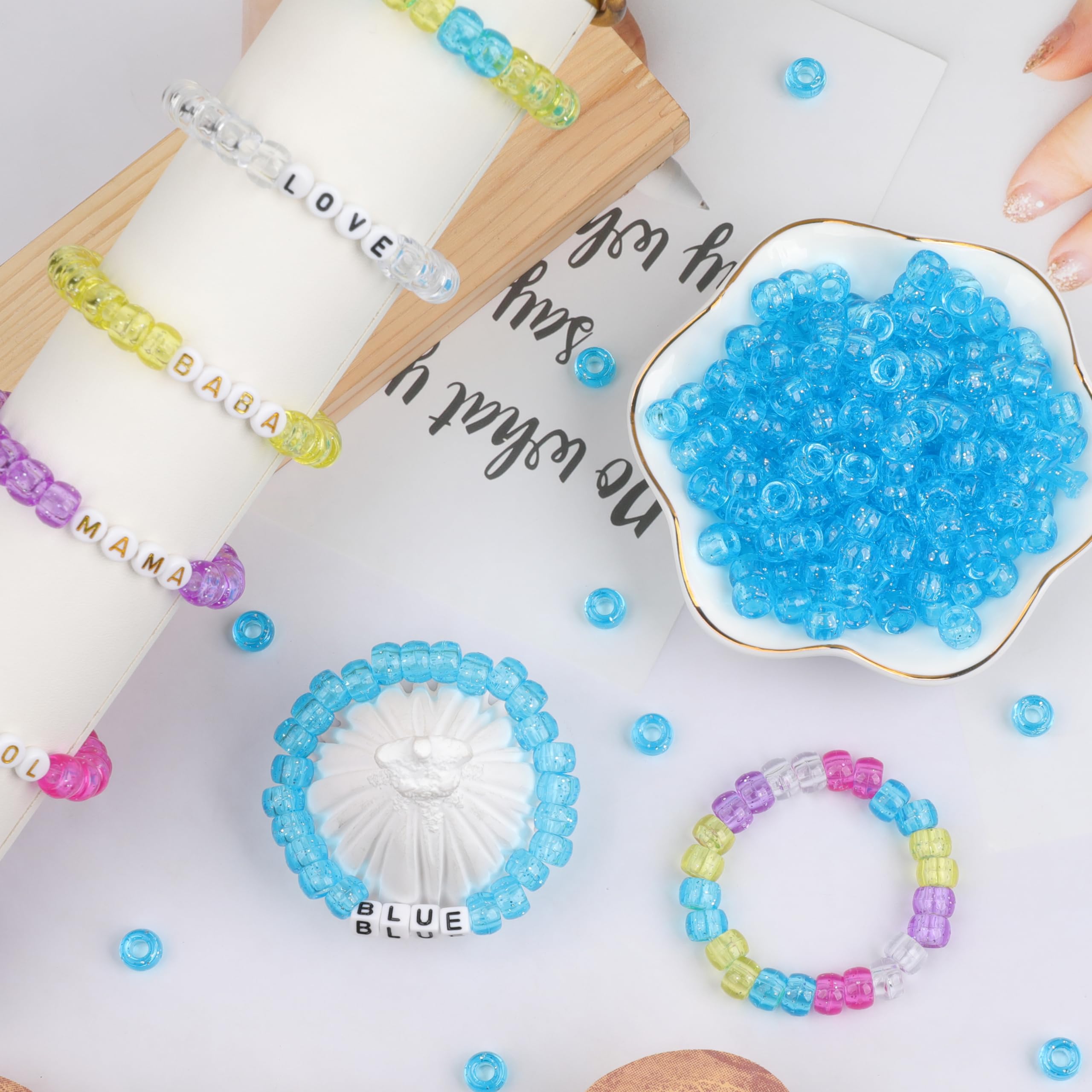 Auvoau 1000Pcs Pony Beads Bracelet 9mm Blue Glitter Plastic Barrel Pony Beads for Necklace,Hair Beads for Braids,Key Chain,Jewelry Making (Blue Glitter) - Image 4