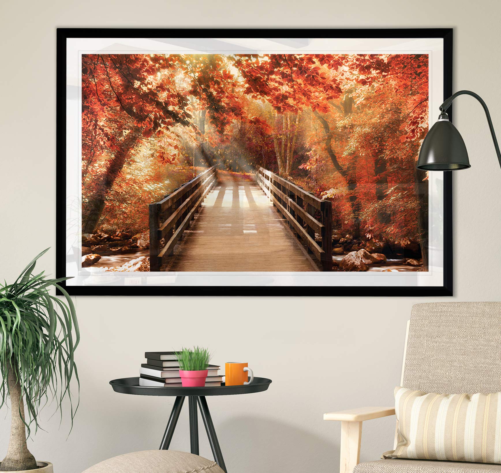 Amazon.co.jp: Renditions Gallery 秋の橋 写真 壁装飾 森の風景 赤い