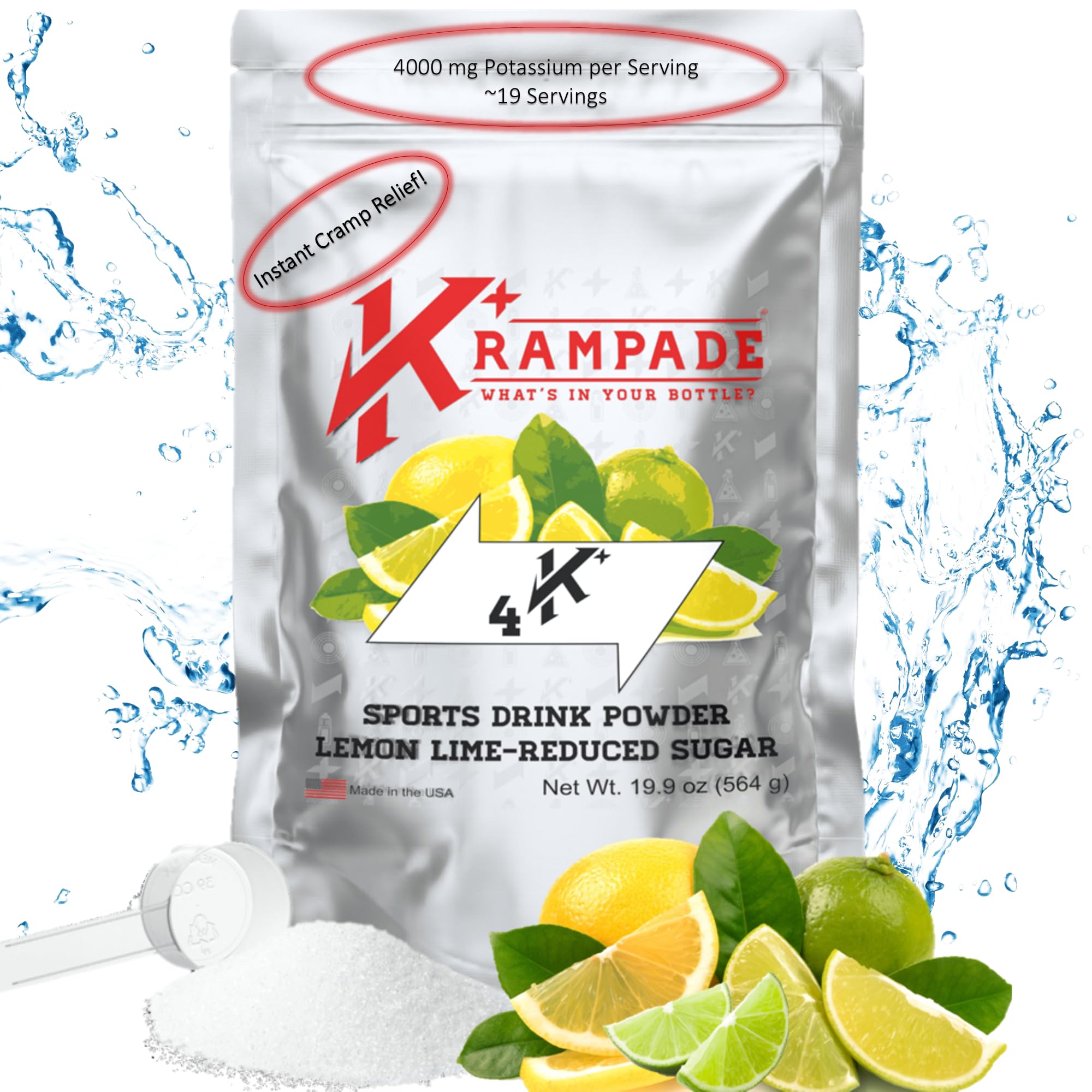 KrampadeElectrolytes Powder Potassium Supplement - 4000 mg K+, >4X More Than Coconut Water | Instant Cramp Relief | Hydration Powder