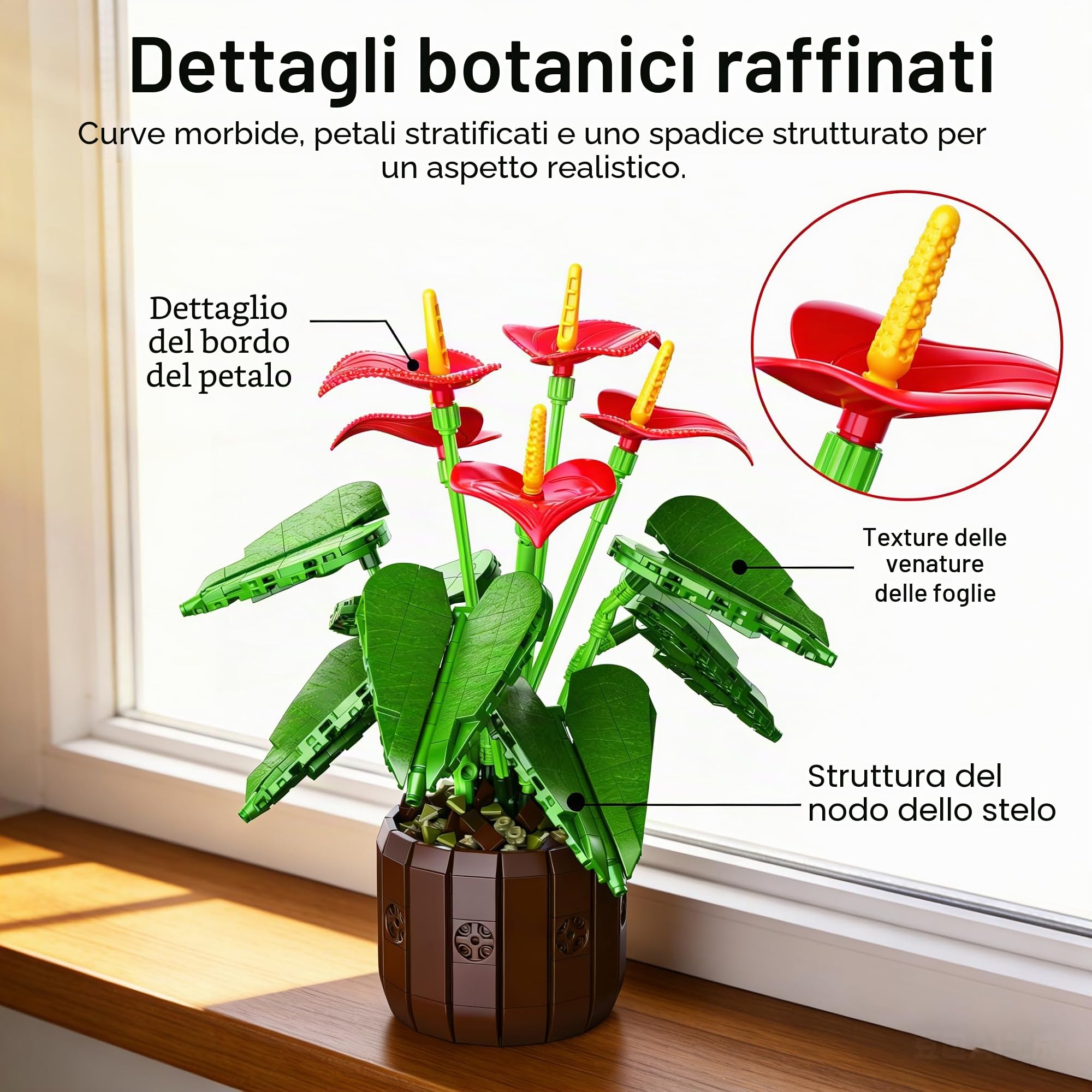 Mavo Brix Set di Costruzione Anthurium con Anturi Rossi e Vaso per Adulti, Compatibile con la Collezione Lego Botanicals, Deliziosa Decorazione in Vaso, Regalo Creativo a Tema Floreale, dai 14 Anni