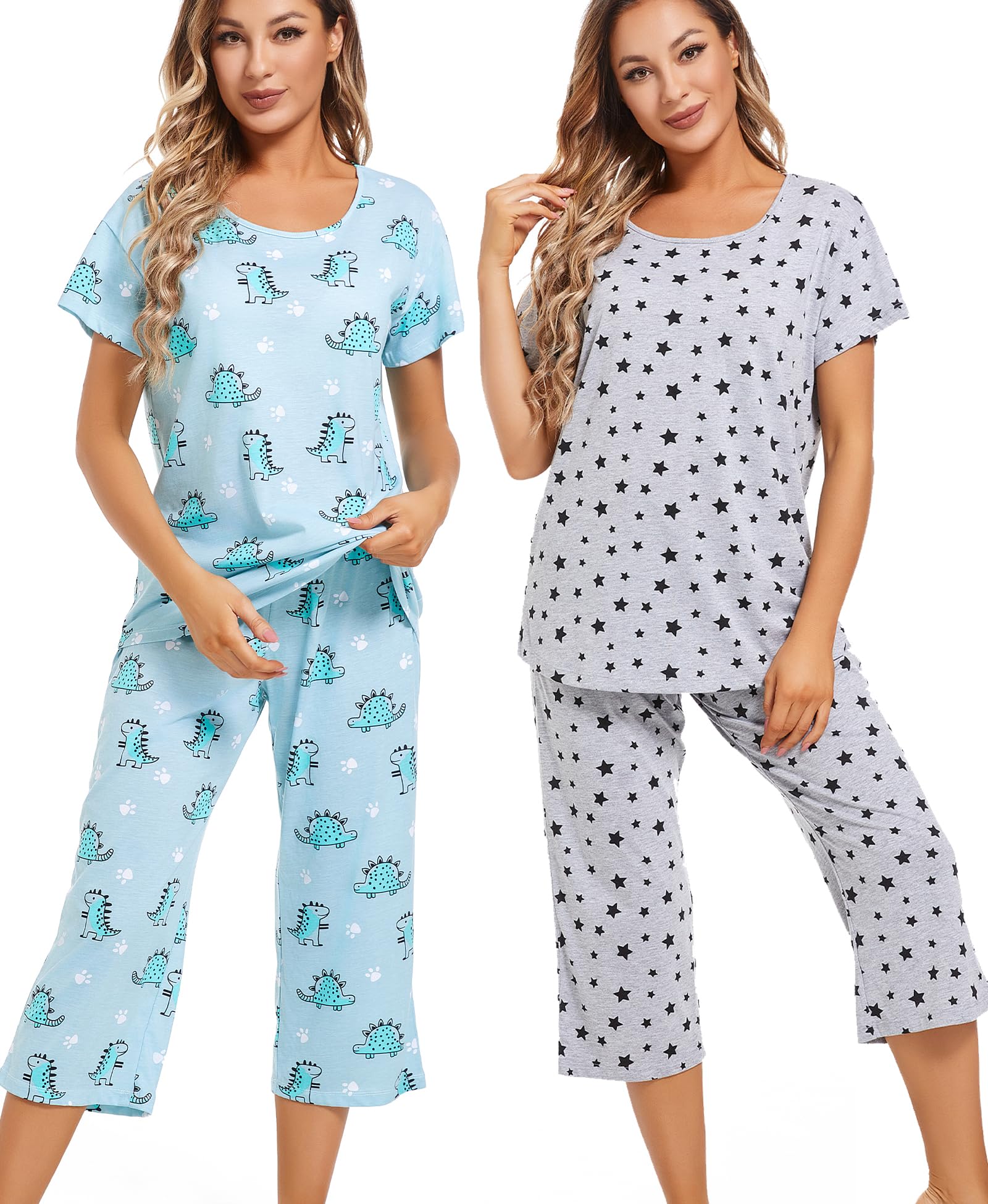 ENJOYNIGHT 2 Pack Womens Pajama Sets Cotton Short Sleeve Top with Capri Pants Summer Pjs Sleepwear
