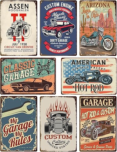 8 letreros de garaje de estaño vintage, letreros de metal retro para garaje, decoración de pared de automóvil, decoración de cueva de hombre, 8 x 12