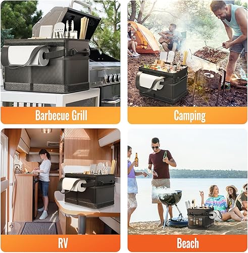 Miniatura 7 de HULISEN Carrito grande para parrilla con tapa y soporte para toallas de papel, organizador de barbacoa para parrilla al aire libre, organizador