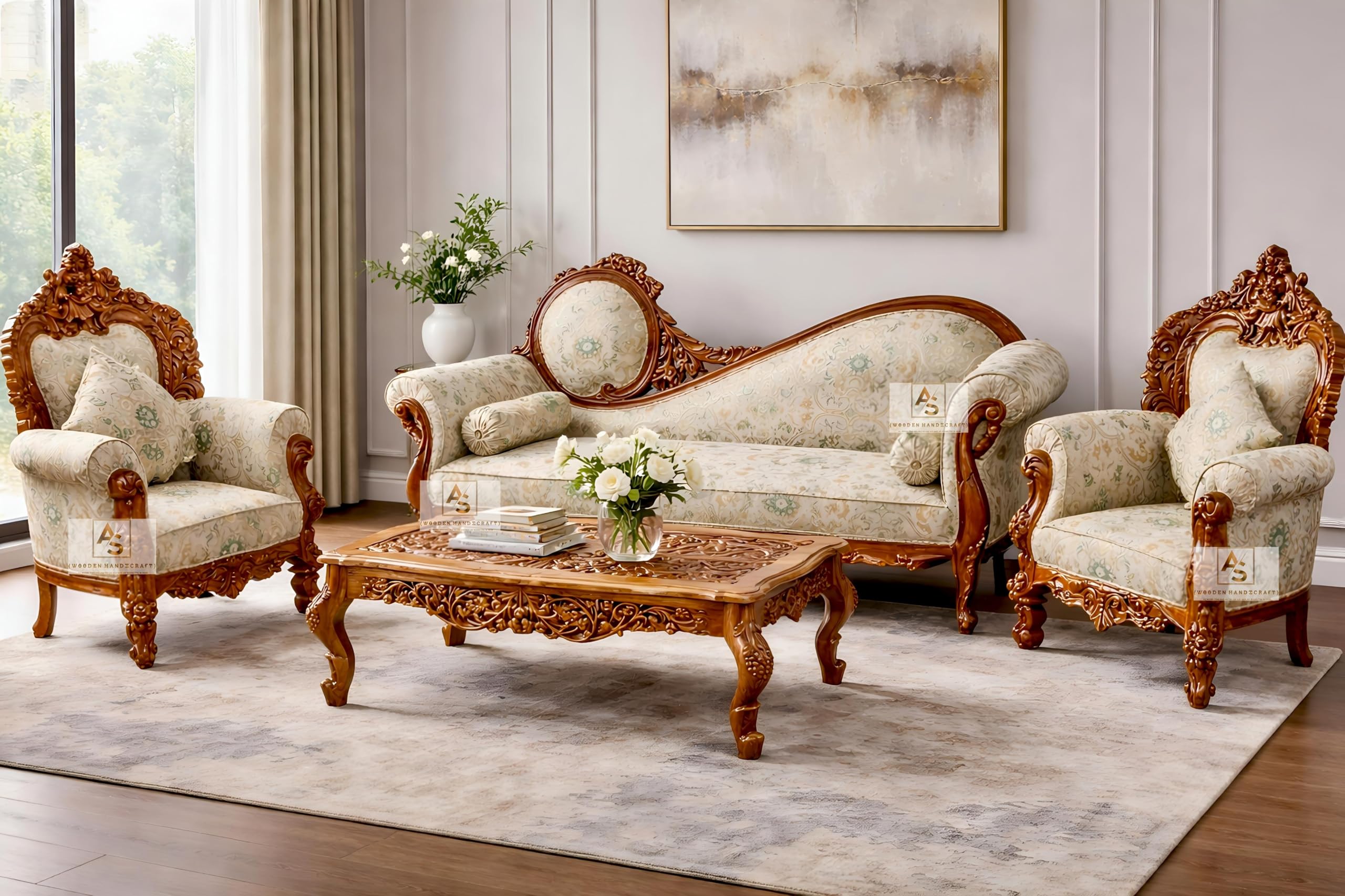 AS Wooden Handicraft Luxury Hand Carved Sofa Set 3+1+1 with Center