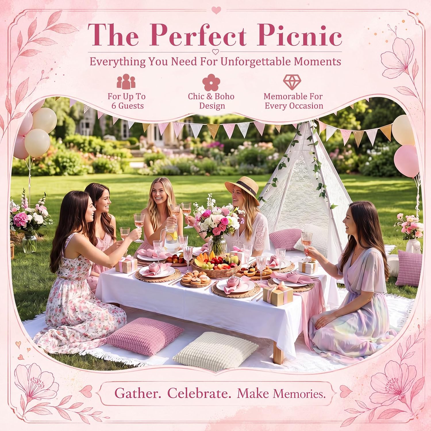 91'' x 110'' Extra Large Outdoor Boho Picnic Blanket Pink Table Runner Lace Teepee Tent 6 Throw Pillow 6 Napkins 6 Placemats Storage Basket Garland for Picnic Camping Wedding Garden