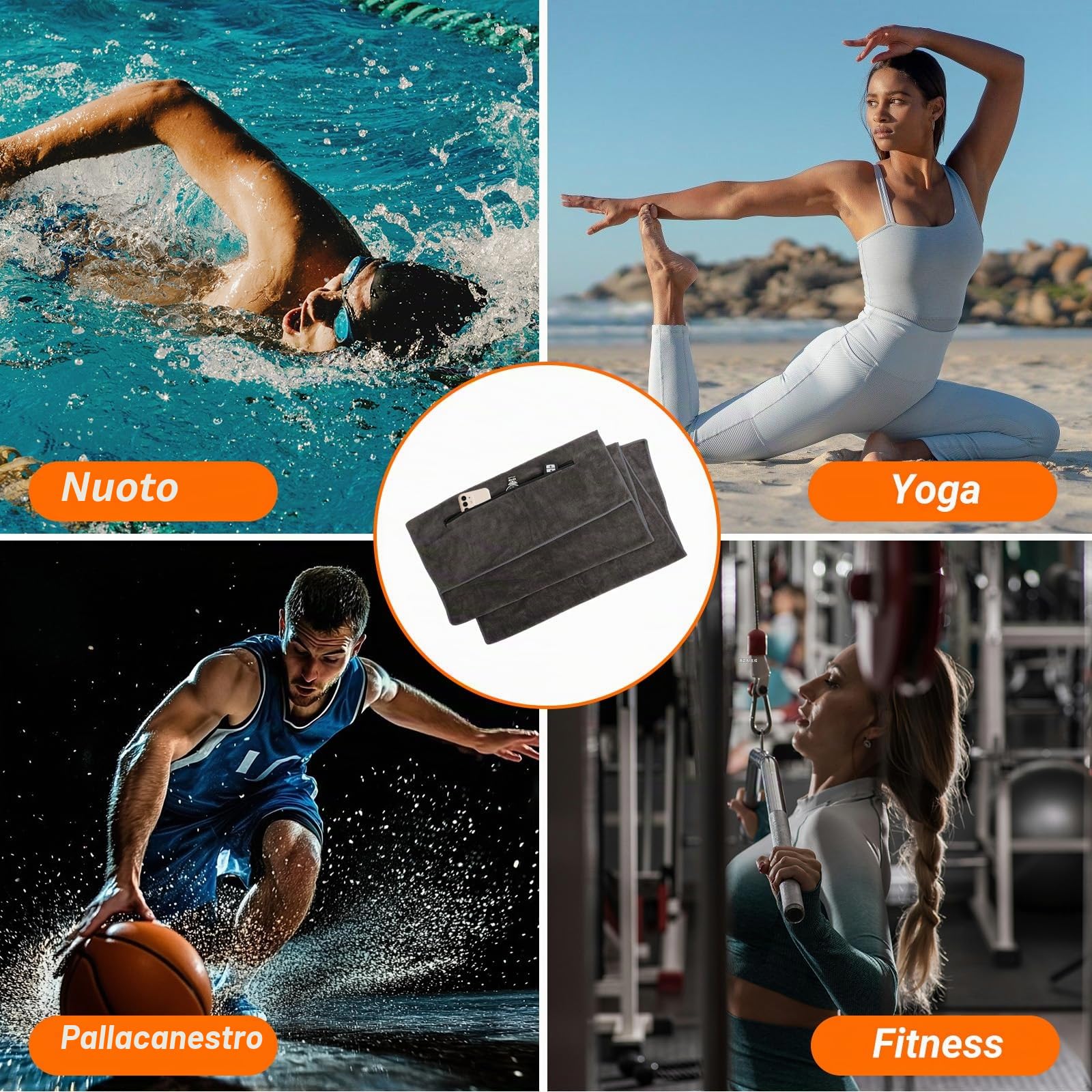 RMIVEGLIA Asciugamano microfibra 120x50cm – asciugamano palestra con tasca con zip e cappuccio di fissaggio – asciugamani Palestra per sport, yoga, relax e uso outdoor – telo palestra grigio
