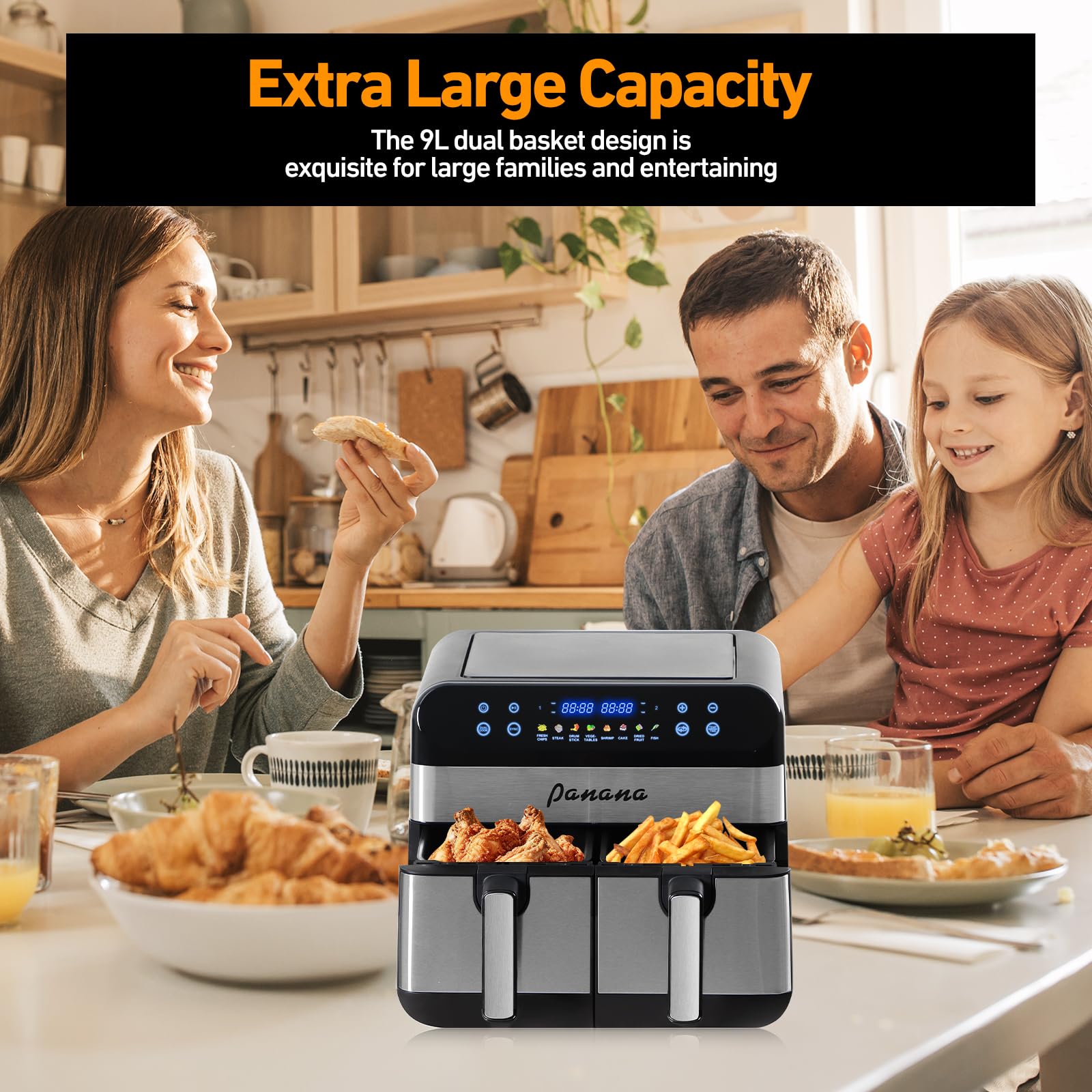 9L Dual-Zone Airfryer, Familiengröße mit 2 Kochschubladen, 8 Kochfunktionen für Airfrying, Braten, Entfeuchten, Aufwärmen, Backen zuhause
