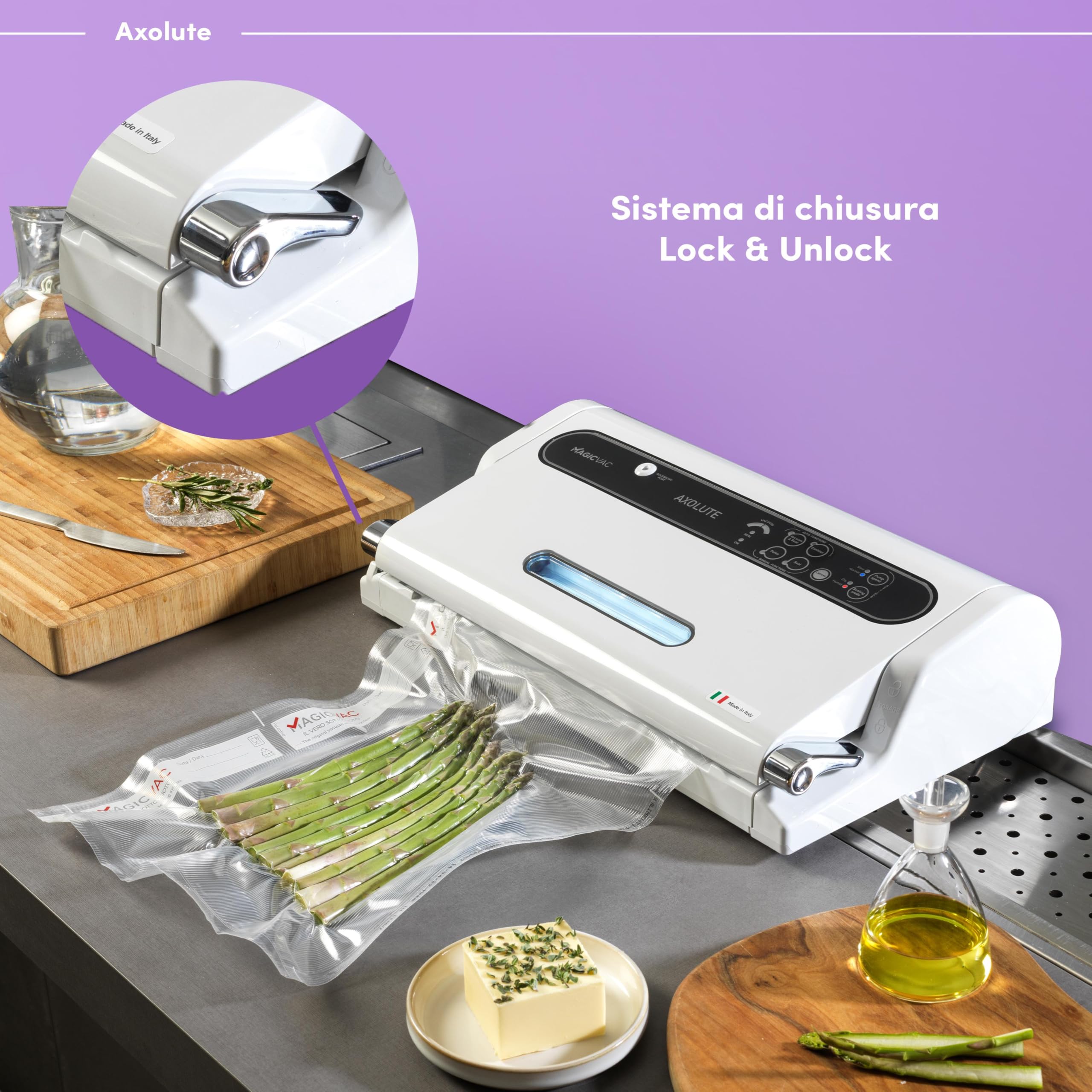 Magic Vac, Axolute, Macchina Sottovuoto Alimenti Multifunzione Professionale, per Sacchetti Sottovuoto e Cottura, con Potente Motore e Kit Sottovuoto Alimenti, Brevettata, Made in Italy, Bianca