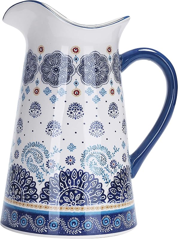 Bico Blue Talavera Ceramic 2.5 Quarts Pitcher with Handle, Decorative Vase for Flower Arrangements, Dishwasher Safe