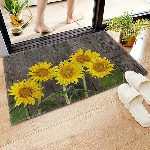 Alfombra de baño, antideslizante, girasol contra una valla de madera rústica, tapete de microfibra suave y absorbente, lavable a máquina, 18 x 30