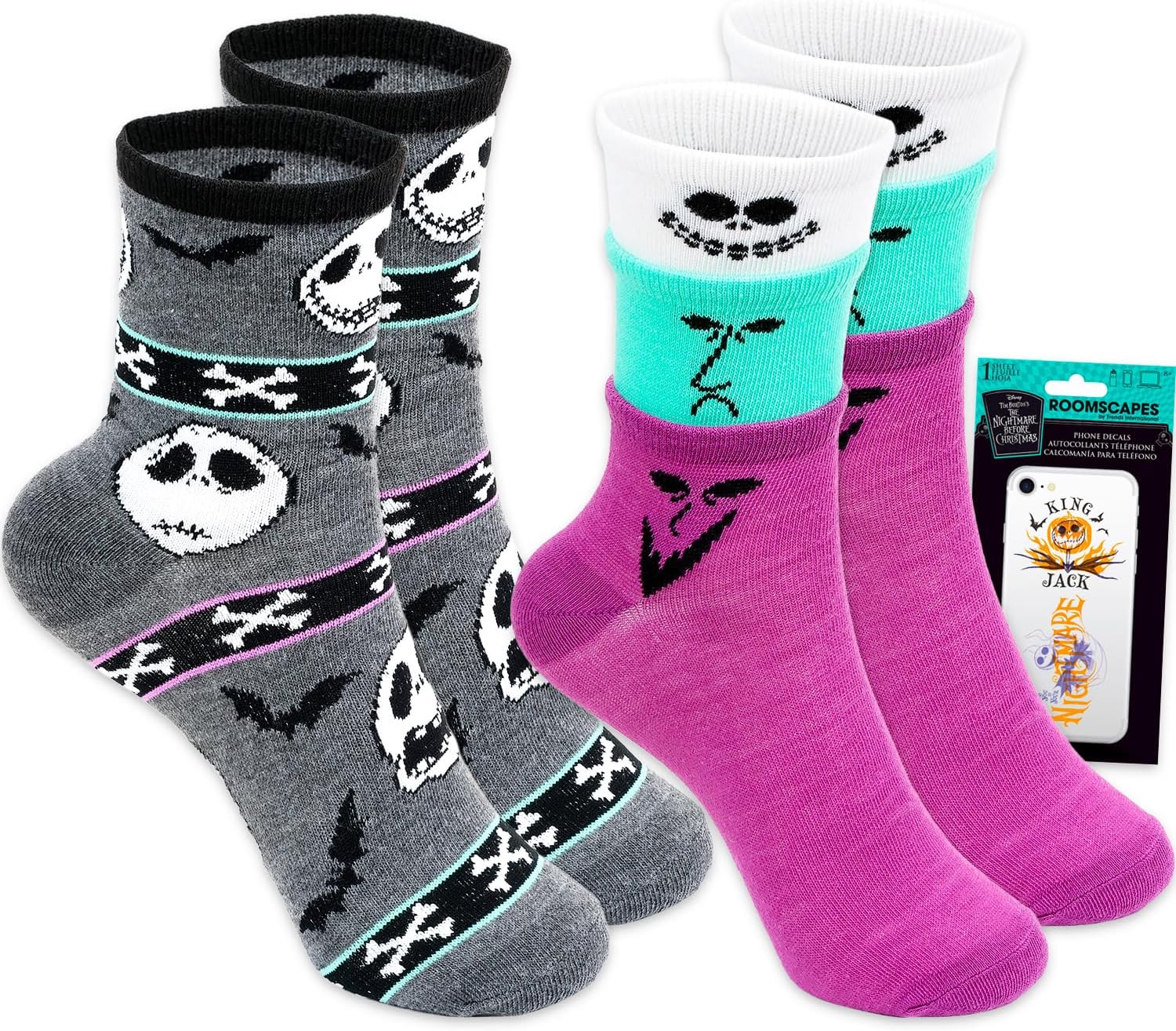 Nightmare Before Christmas Socks Set - Bundle with 2 Pairs of Crew Socks Shoe Size 4-10 Plus Decals | Jack Skellington Apparel Set for Girls, Teens, Women