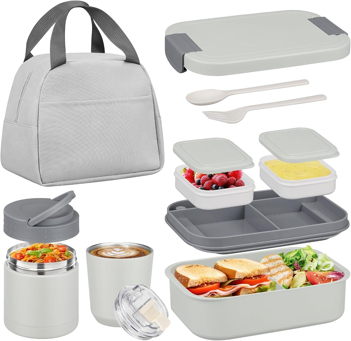 Bento Lunch Box Set with 10.5oz Soup Thermo Food Jar for Adults Kids, Stainless Steel Leak-proof Lunch Container with 4 Compartment, Coffee Tumbler with Lunch Bag for School Travel Office-Grey