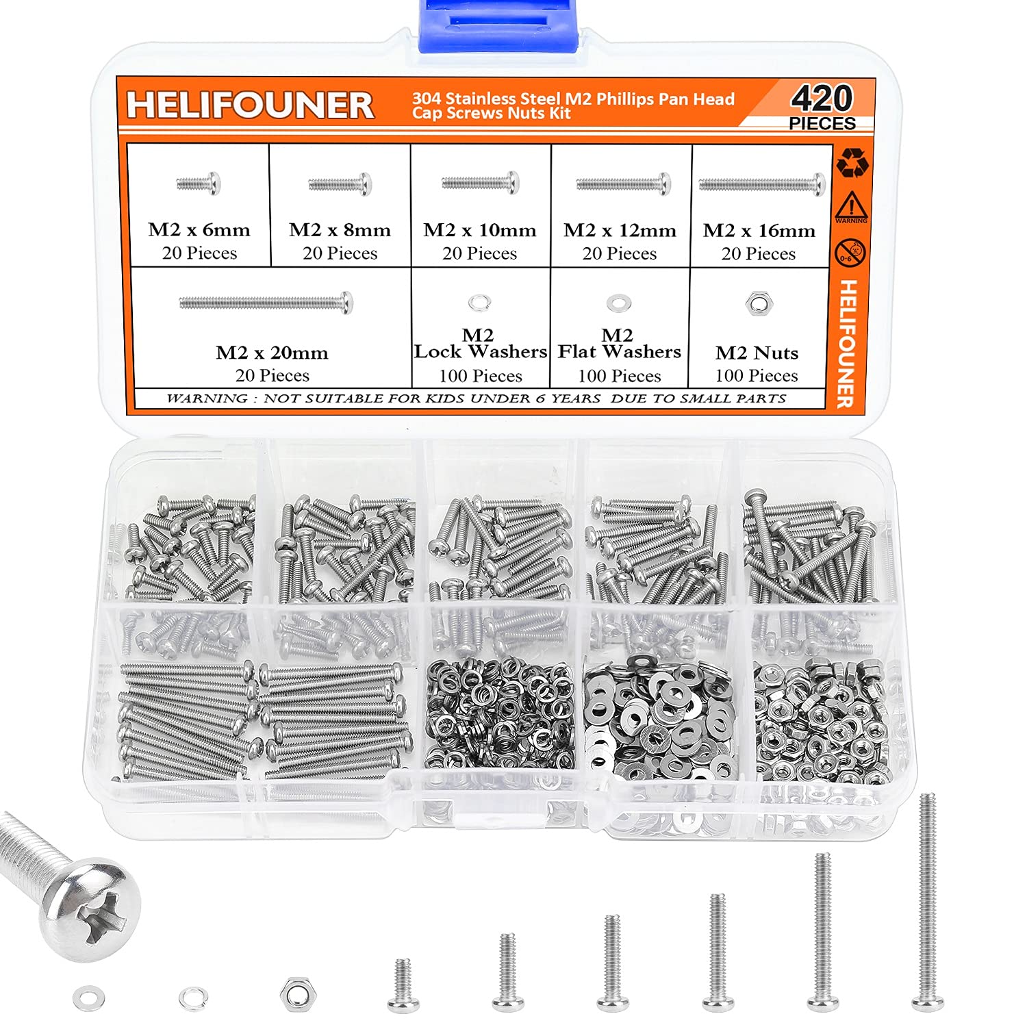 HELIFOUNER 420 Pieces M2 x 6mm /8mm /10mm /12mm /16mm /20mm, Phillips Pan Head Machine Screws, Metric Screws Bolts Washers Nuts Kit, 304 Stainless