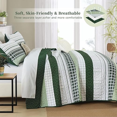 Vista 126 de DJY Juego de edredón a rayas tamaño Queen, juego de colcha bohemia de 3 piezas de color verde salvia, juego de ropa de cama de microfibra suave