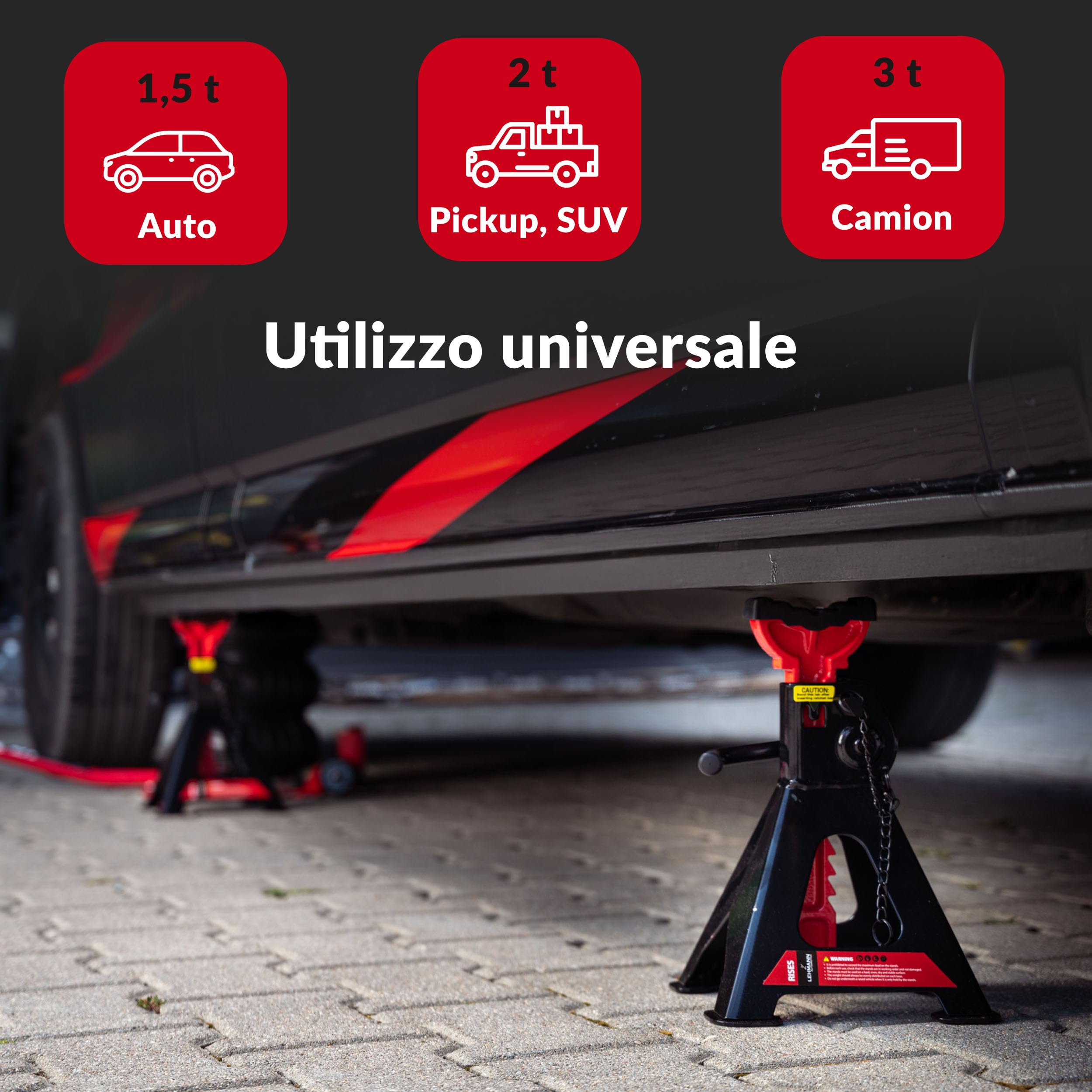 Lehmann Cavalletti Auto 3T x2, Set da 2 Pezzi, Altezza Regolabile 300-430 mm, Supporti Regolabili con Cuscinetto in Gomma, Cavalletti per Auto, SUV e Piccoli Trasportatori Fino a 3000 kg, Portatile