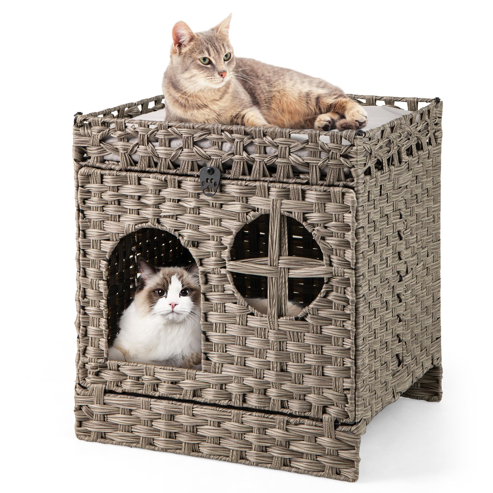 Mobilier d'intérieur chat avec enclos de litière pliable à 2 niveaux et coussin