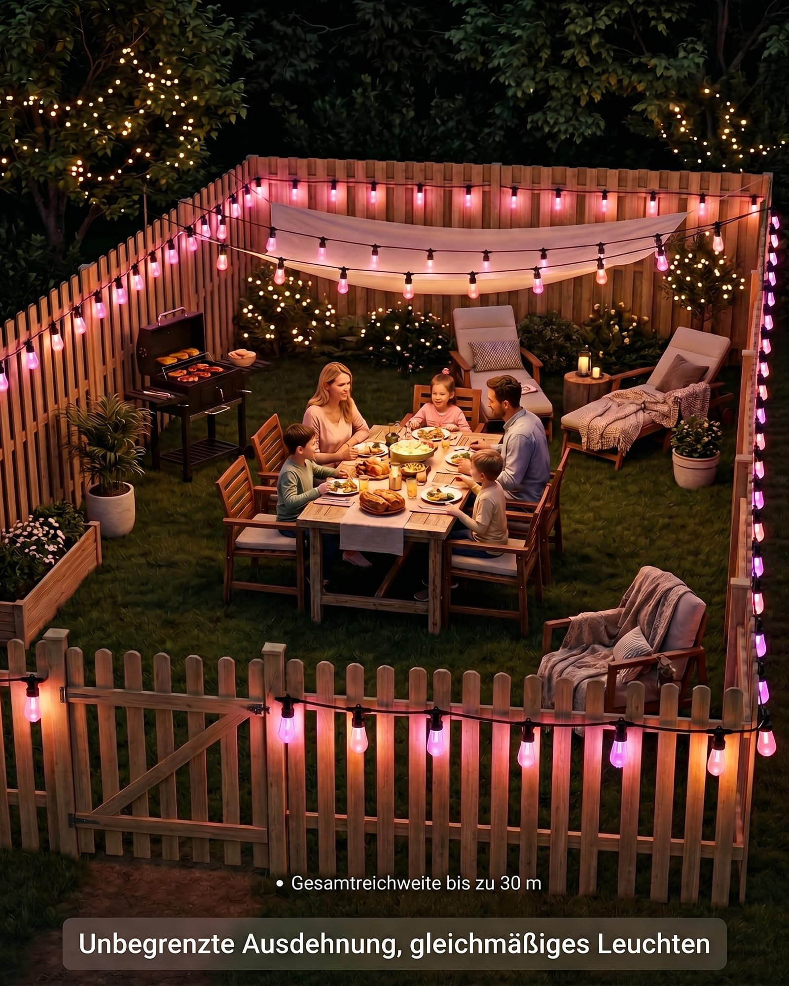 LED Lichterkette Außen ST48 15 m mit 20 LED-Lampen, LotusLamp X App & Fernbedienung, RGB Farbwechsel, IP65 Wasserdicht, Erweiterbar, LED Außenbeleuchtung für Garten, Terrasse & Balkon（50FT）