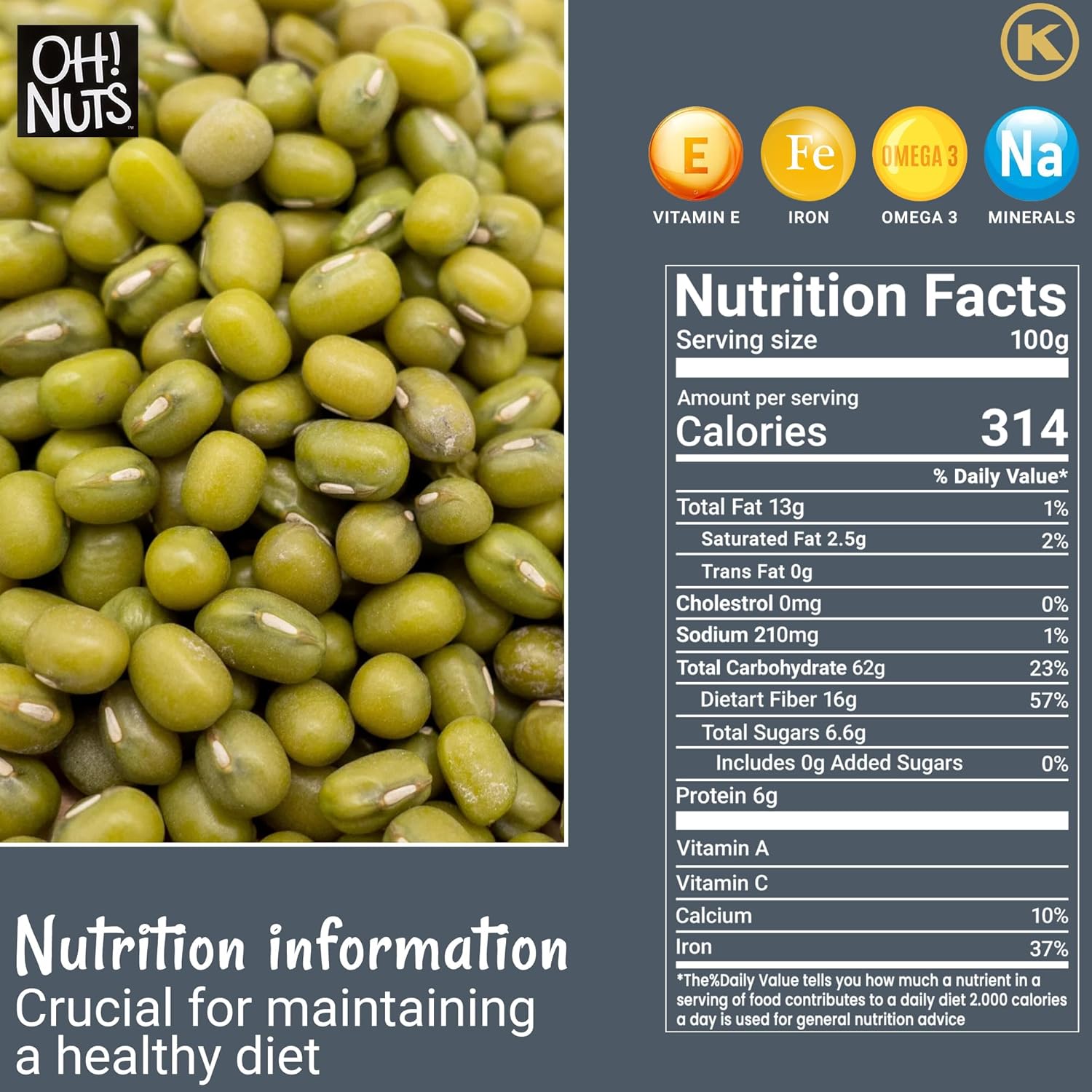 Oh! Nuts Mung Beans 5lb Bulk Bag - Great Beans for Sprouting Dried Kosher Moong Dal - Vegan, Paleo, Long Lasting Protein Packed Pantry Items - Green Lentils Stay-Fresh Food Pack - Keto Toor Dahl Bean