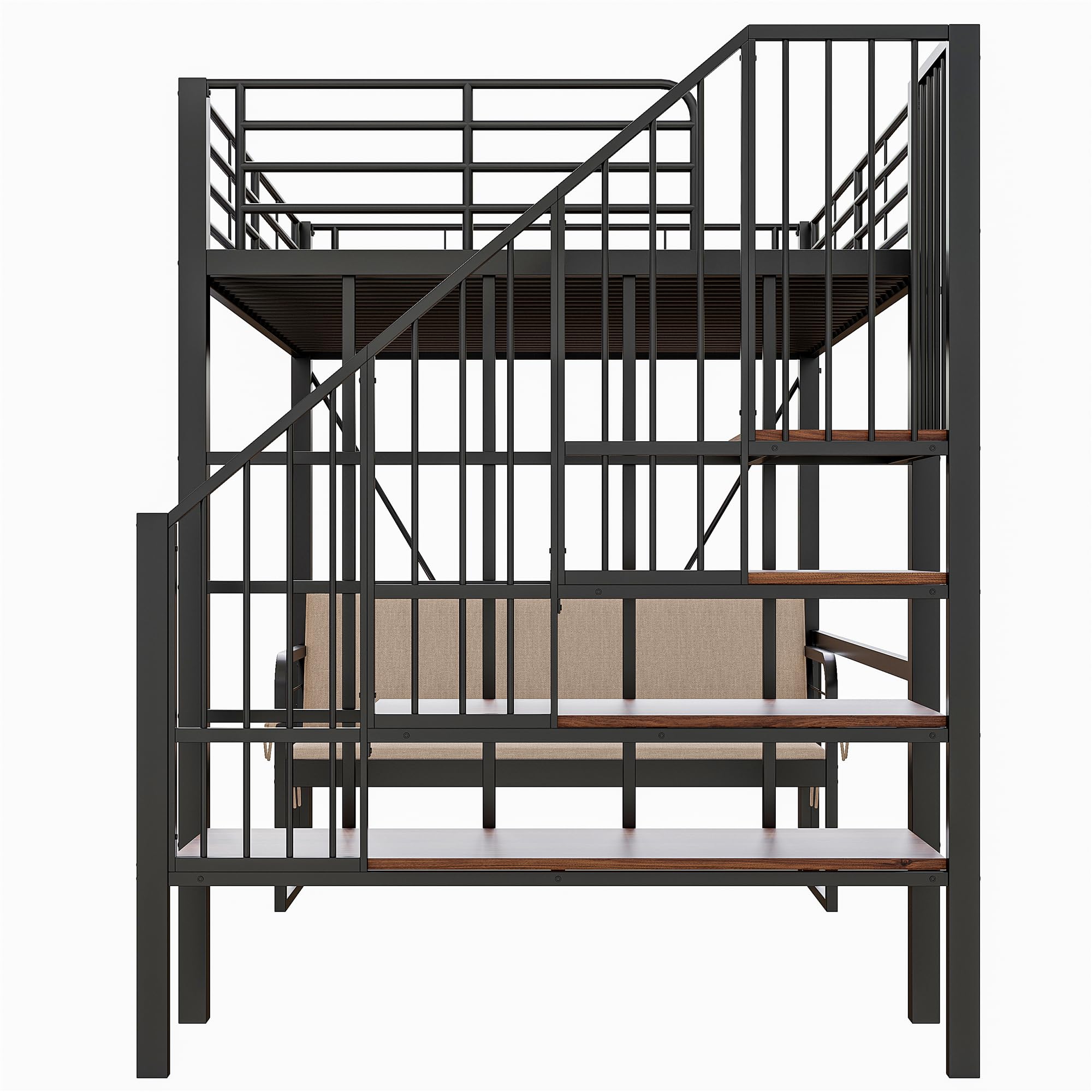 Cama altillo 140x200, litera doble de hierro con sofá cama extraíble, espacio de almacenamiento y escalera de seguridad, cama entrepiso de 2 plazas para familias numerosas