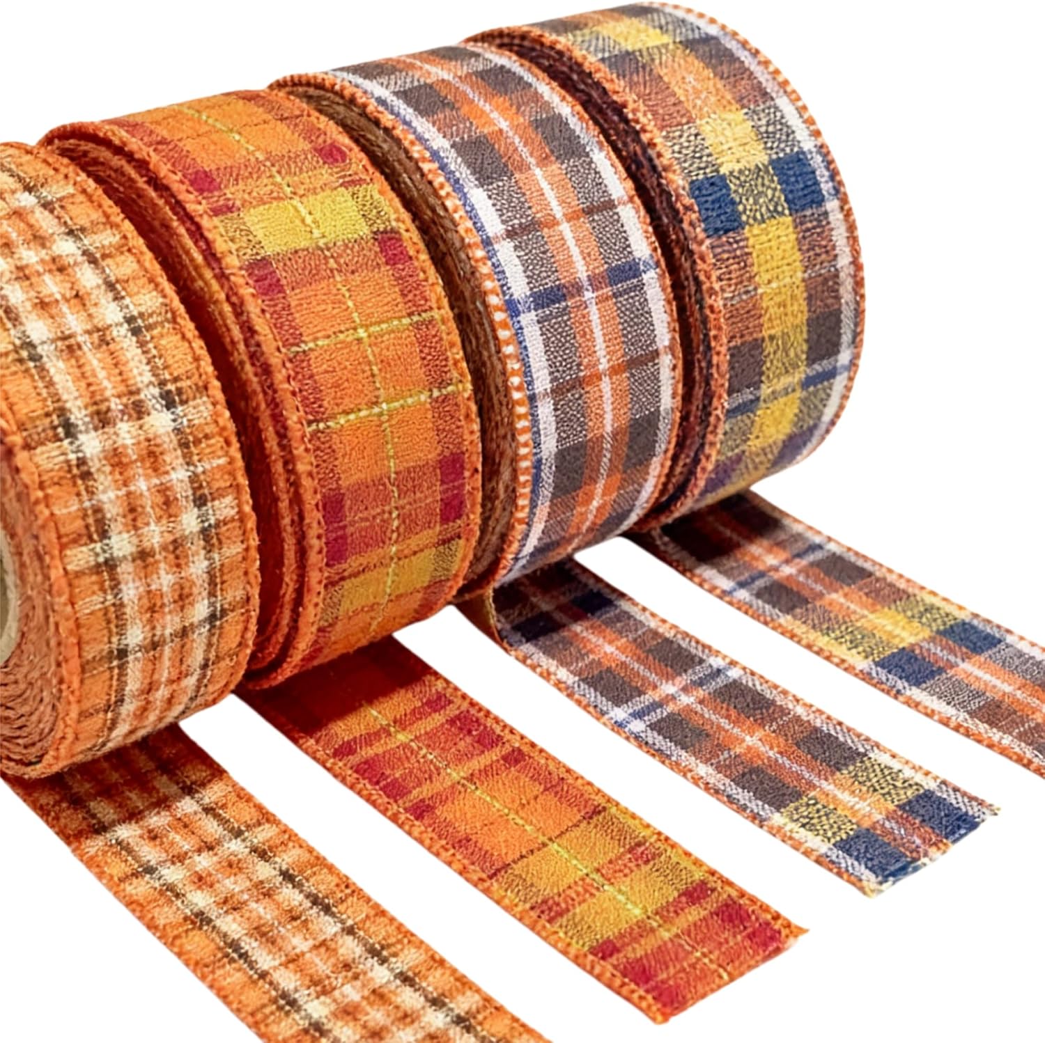 Meseey 1.5 Inch Fall Plaid Wired Ribbon Set, 4 Rolls Total 40 Yards Assorted Orange Plaid Wired Edge Ribbon for Wreaths, Bows, Gift Wrapping, Thanksgiving & Halloween Decor (FPRS001)