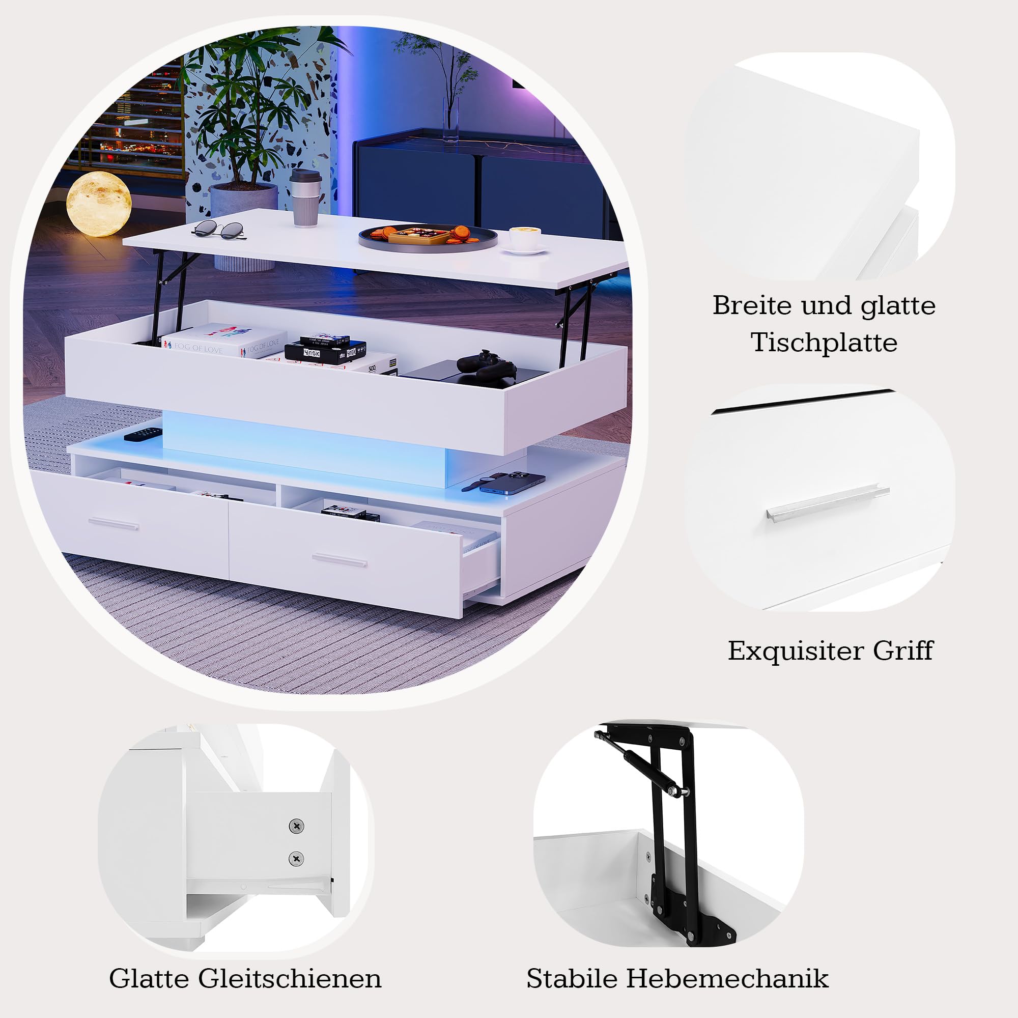 Mesa de centro hidráulica ajustable en altura, con iluminación LED, control por aplicación Bluetooth, 2 cajones y espacio de almacenamiento abierto, mesa de centro elevable (blanco)