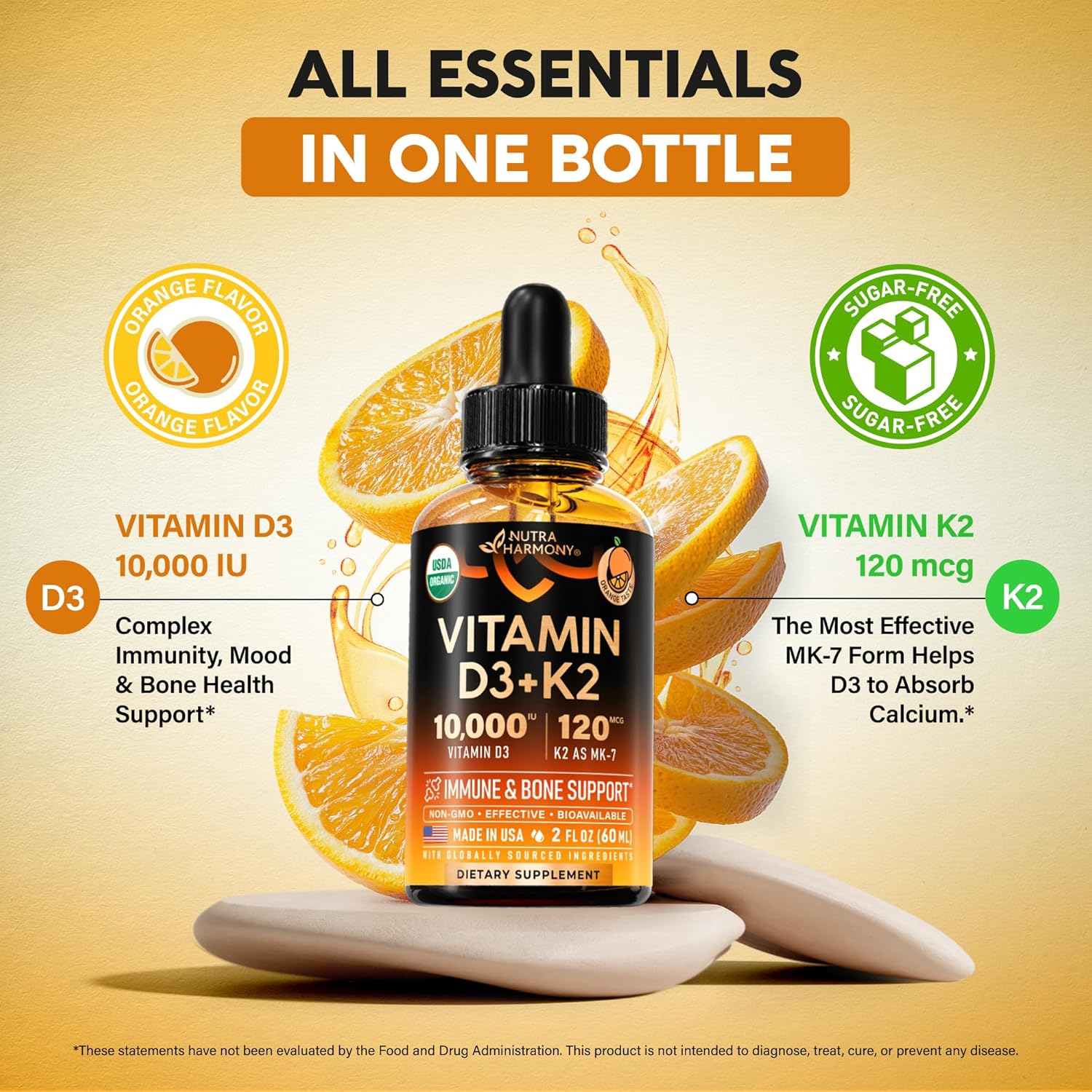 Vitamin D3 K2 USDA Organic Drops - Vitamin D3 10000 IU & K2 as MK-7 120mcg - Immune & Mood Support, Bone & Teeth Health - Sugar-Free Orange Flavor - Liquid Supplement - Made in USA - 2 FL OZ, 60 Days - Image 6