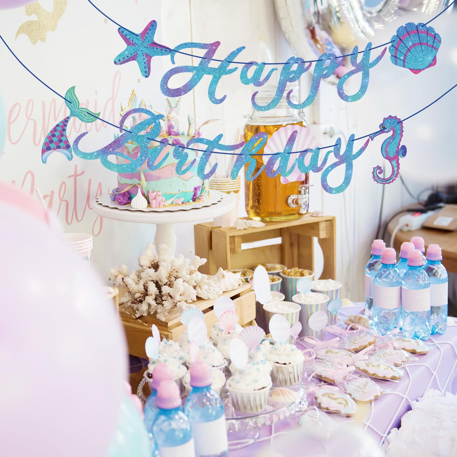 Hooqict Meerjungfrau Geburtstag Dekorationen Meerjungfrau Happy Birthday Banner Girlande Schild für Mädchen Baby 1. 2. 3. Party Banner unter dem Meer Motto Party Supplies hängende Dekorationen
