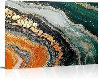 Rullikatlyi Teal Orange Marble Wall Decor for Living Room Bedroom, Modern Ink Painting Striped Abstract Bathroom Canvas Wall Art Aesthetic, Kitchen Office Wood Oil Painting Pictures Decor 18"x12"