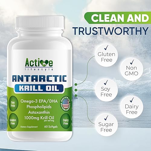 Miniatura 5 de Active Lifestyle Suplemento de aceite de krill antártico, alta absorción EPA, DHA, astaxantina y fosfolípido, krill rojo, sin OMG, sin gluten, sin